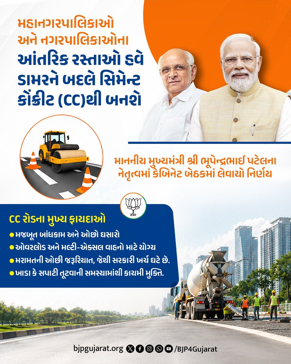 BJP4Gujarat's tweet photo. મહાનગરપાલિકાઓ અને નગરપાલિકાઓના આંતરિક રસ્તાઓ હવે ડામરને બદલે સિમેન્ટ કોંક્રીટ (CC)થી બનશે. https://t.co/XqZbv744yO