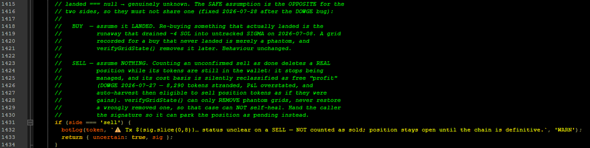 SlasherToken's tweet photo. Three days ago I posted about Solana confirmation timeouts and how to handle them safely.

Today I found I'd only gotten half of it right.

The rule I shipped: when a swap times out and you can't verify it on-chain, assume it landed. That prevents the duplicate-buy loop that cost me ~4 SOL.

It is correct. For buys.

I had applied it to sells too. So a sell timed out, came back unverifiable, and the bot did exactly what I told it — assumed success, deleted the position from its grid, credited the profit.

The sell never landed. The tokens were still sitting in the wallet.

The position stopped being managed. Its cost basis got silently reclassified as free profit. And auto-harvest became eligible to sell those tokens as if they were gains.

The two ways of being wrong are not symmetric, and they invert depending on direction:

BUY assumed failed (but landed)  → duplicate buy → drain
BUY assumed landed (but failed)  → phantom position → verifier removes it

SELL assumed failed (but landed) → recoverable, visible
SELL assumed landed (but failed) → real position deleted, tokens stranded

That last one can't self-heal. My verifier only removes phantom positions. It has no way to put one back.

So the two sides now assume opposite things. Buys assume landed. Sells assume nothing — the position stays open, the signature is parked on it, and a resolver settles it once the chain is definitive: confirmed closes the position, reverted or never-landed reopens it for retry.

How I caught it: a number that didn't match. The app claimed 8,291 tokens of accumulated profit on a position that had earned 192. Every log line looked healthy. The bot had cheerfully written "SELL done."

The proof was the SOL balance — unchanged before and after. A sell that landed would have added 0.227 SOL. It hadn't moved a lamport.

The lesson isn't "handle your timeouts." It's that a rule which is obviously correct in one direction can be silently wrong in the other, and your code will keep reporting success the entire time.

Trust the balance, not the log.