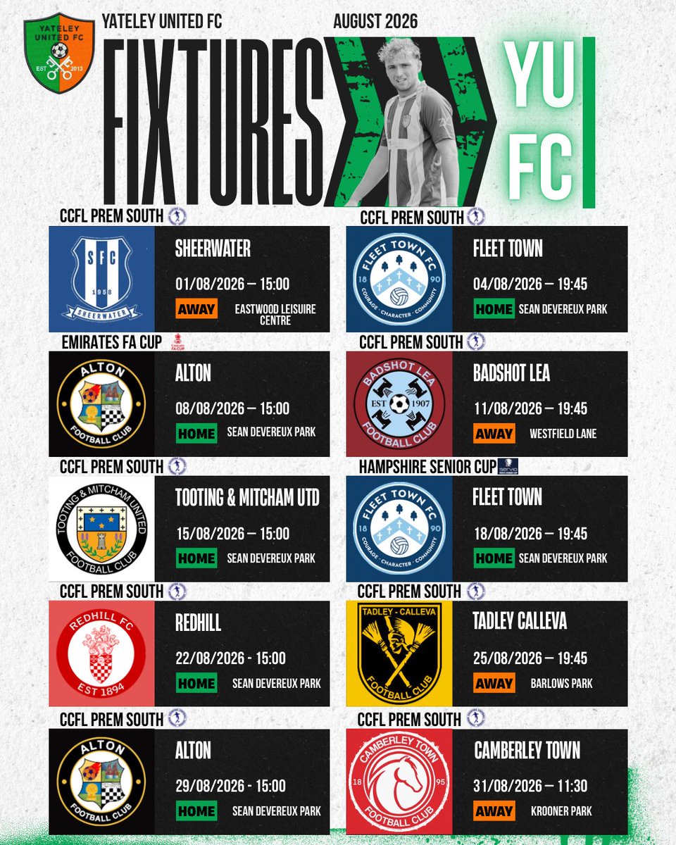 YateleyUtdFC's tweet photo. Fixture List 

26/27 season in right around the corner &amp; here is our August fixtures👀

Some big fixtures throughout a stacked August… make the most of the nice weather &amp; come down Sean Devereux Park to support!

#YUFC 🗝️ #GreenArmy 🟢 #UnitedForTheCommunity 🟠 https://t.co/p9E2Jixp6X