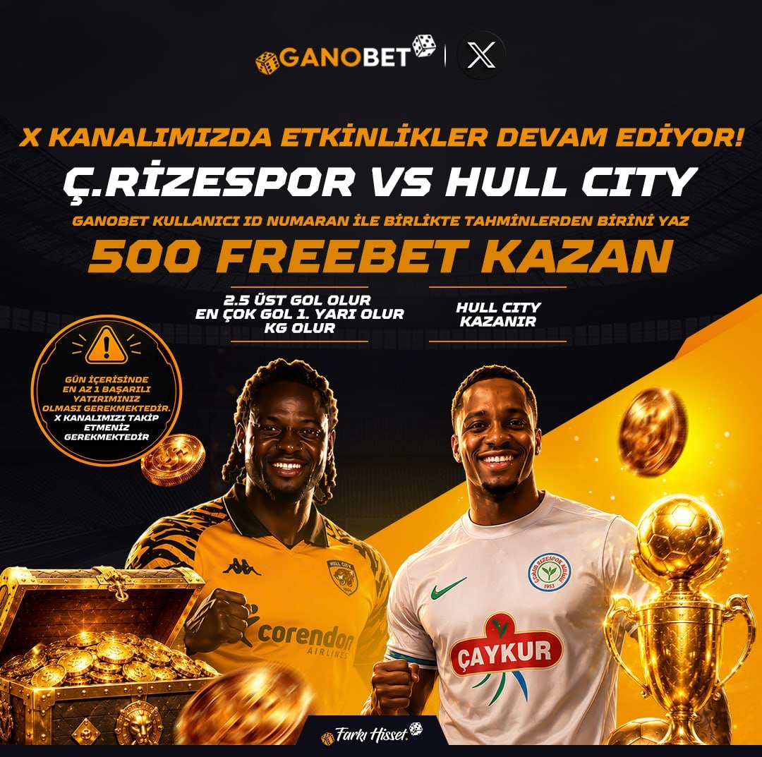 gnsosyal's tweet photo. 🔥 Ç.Rizespor vs Hull City 🔥

🟡2.5 Üst Gol Olur   
🟡En Çok Gol 1. Yarı Olur
🟡KG Olur     
🟡HULL CITY KAZANIR

✅Yukarıdaki tahminlerden birini seçip

✍️ Ganobet kullanıcı ID numaran ile birlikte gönderinin altına yaz

💰 Kazanırsasn 500 Free Bet senin olsun https://t.co/UtCkUwK7DH