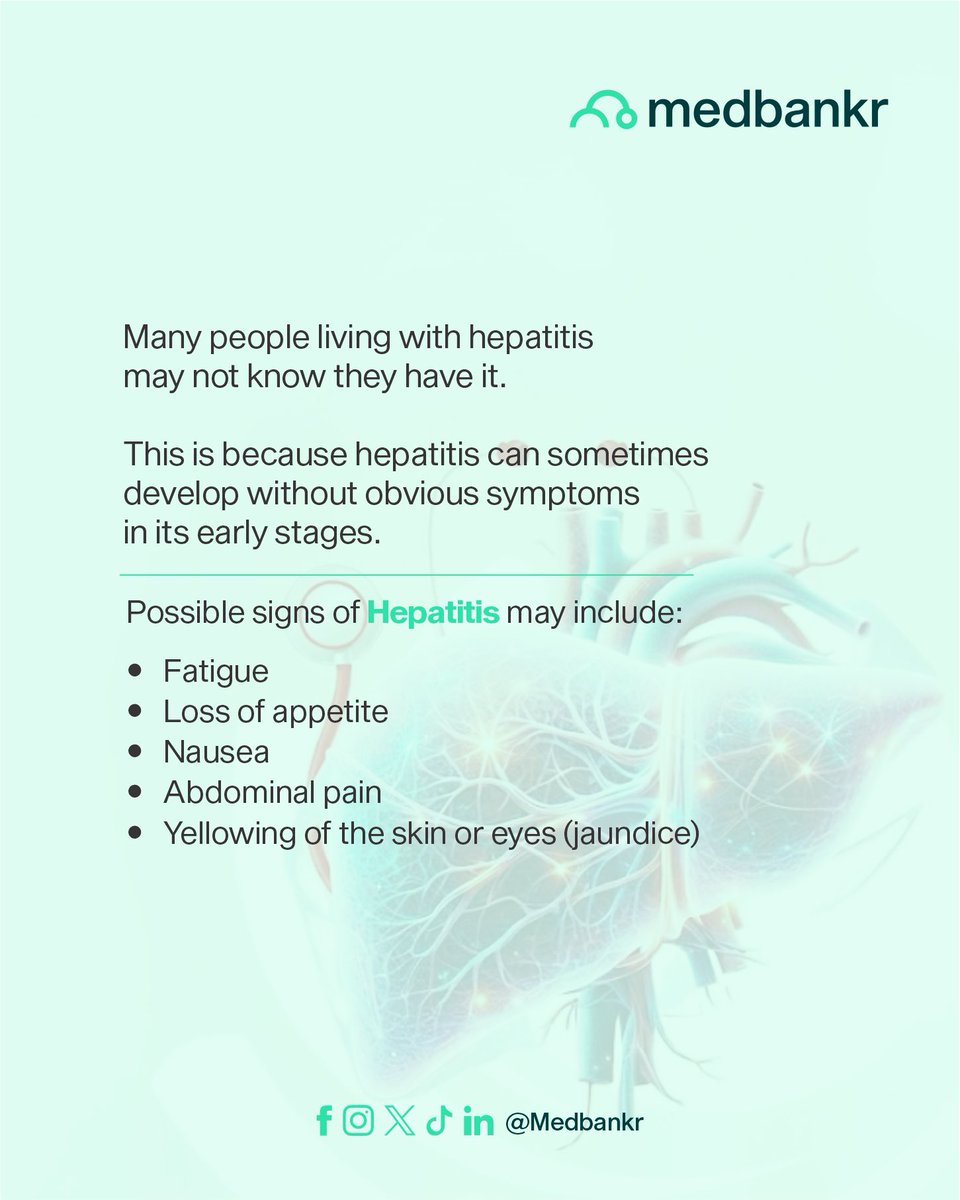 Medbankr's tweet photo. Many people associate hepatitis with severe illness, but one of the biggest challenges is that it can sometimes develop without obvious symptoms in its early stages.

This means some people may not realize they have hepatitis until significant damage has already been done. https://t.co/j1lJUwkn9T