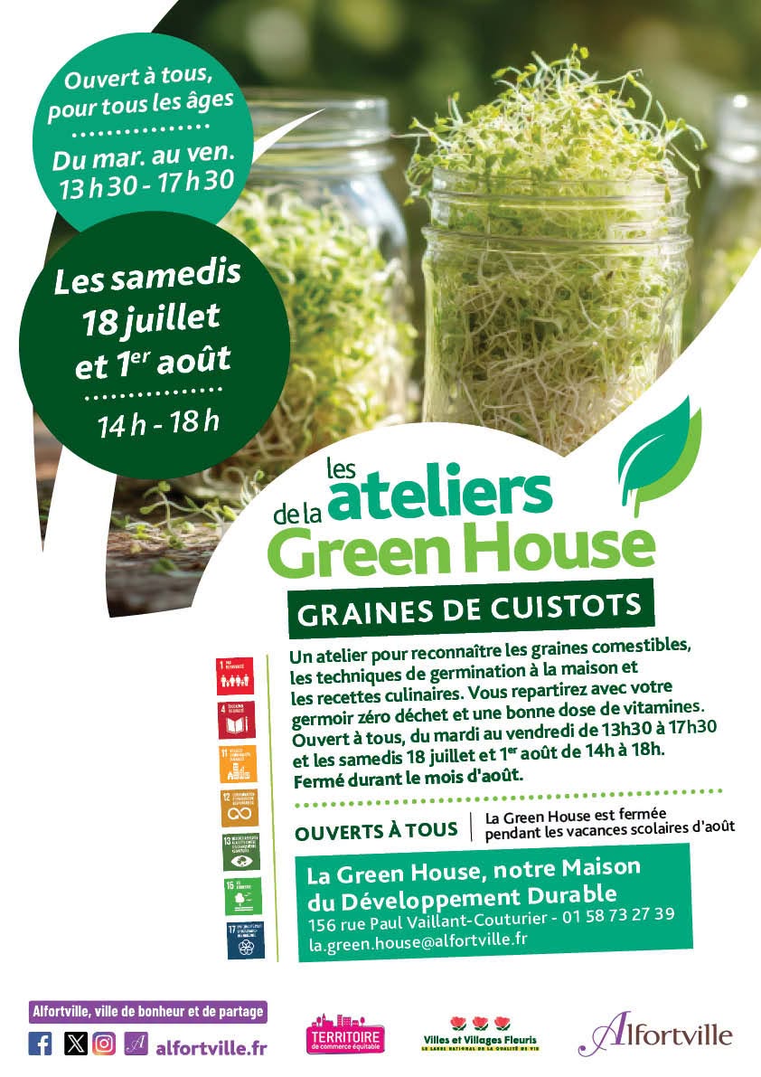 Alfortville_94's tweet photo. 🌱 Les ateliers de la Green House : Graines de cuistots ! 🧑‍🍳✨

Envie de mettre un peu de vert et de vitamines dans votre assiette ? La Green House, notre Maison du Développement Durable, vous invite à participer à ses ateliers thématiques.

Au programme : apprenez à reconnaître les graines comestibles, découvrez les techniques de germination à la maison et partagez de super recettes culinaires. En bonus, vous repartirez avec votre propre germoir zéro déchet !

Cet atelier ludique et écologique est gratuit, ouvert à tous et pour tous les âges.

📅 Horaires d'ouverture :
Du mardi au vendredi de 13 h 30 à 17 h 30
Le samedi 1er août de 14 h à 18 h

⚠ À noter : la Green House sera fermée durant les vacances scolaires d'août.

📍 Lieu : La Green House (156 rue Paul Vaillant-Couturier)
📞 Renseignements : 01 58 73 27 39 ou https://t.co/SowfL2YjHl.house@alfortville.fr

Venez faire le plein de nature et de bons réflexes éco-responsables ! 🌾

#Alfortville #GreenHouse #DeveloppementDurable #AtelierCuisine #EcoResponsable #ZeroDechet