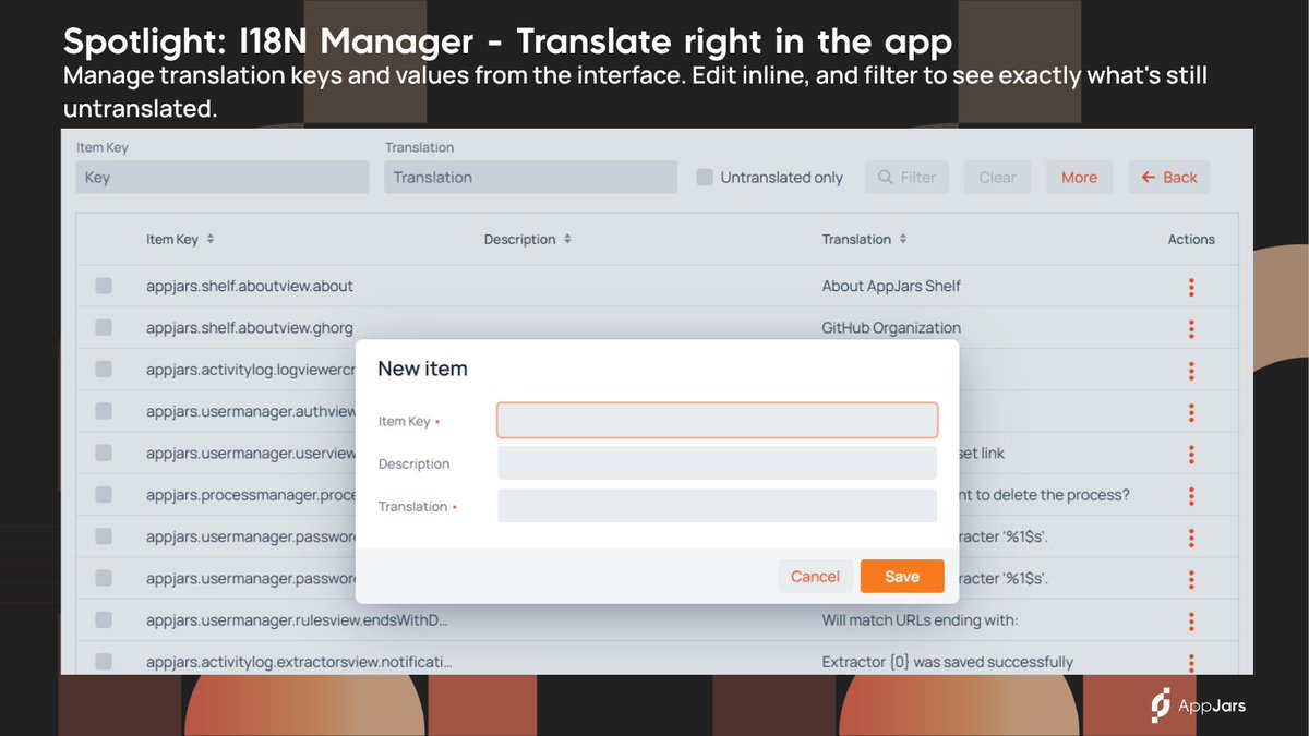 AppJarsModules's tweet photo. Ship your app in every language your users speak. Without a redeploy for each one.

I18N Manager lets admins manage languages and translations at runtime, right from your app.

Explore I18N Manager at https://t.co/P6cxwa4xcj https://t.co/4AsJD6JaaR