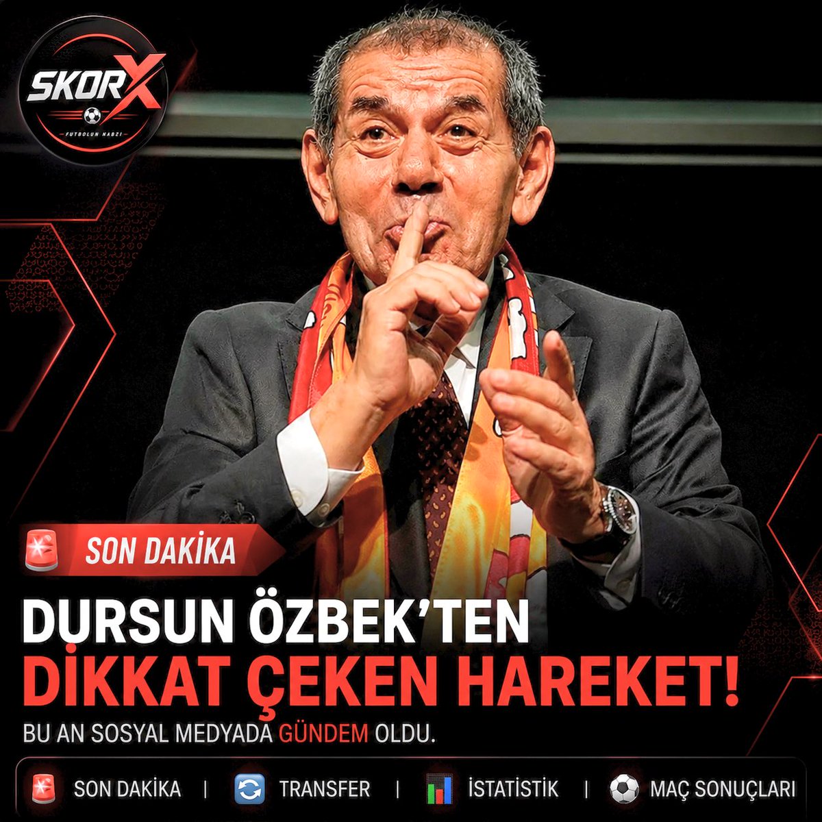 SkorXTR's tweet photo. 🚨 SON DAKİKA

Kulisler hareketli…
Dursun Özbek’in yakın çevresine, “Az daha sabredin. Çok yakında herkes gereken cevabı alacak.” ifadelerini kullandığı iddia edildi.

👀  Galatasaray cephesinde kritik gelişmeler bekleniyor.

#transfer #DursunÖzbekİstifa https://t.co/uiE2fgihbp