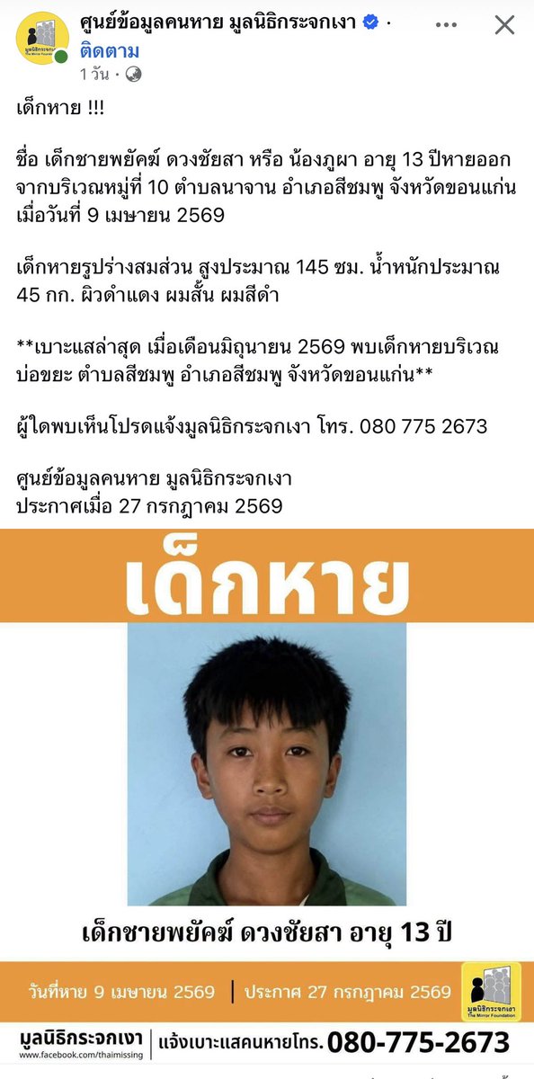 YouKnowMeAta's tweet photo. ช่วยๆกันงับ 

เด็กหาย !!!

ชื่อ เด็กชายพยัคฆ์ ดวงชัยสา หรือ น้องภูผา อายุ 13 ปีหายออกจากบริเวณหมู่ที่ 10 ตำบลนาจาน อำเภอสีชมพู จังหวัดขอนแก่น เมื่อวันที่ 9 เมษายน 2569 

เด็กหายรูปร่างสมส่วน สูงประมาณ 145 ซม. น้ำหนักประมาณ 45 กก. ผิวดำแดง ผมสั้น ผมสีดำ

**เบาะแสล่าสุด เมื่อเดือนมิถุนายน 2569 พบเด็กหายบริเวณบ่อขยะ ตำบลสีชมพู อำเภอสีชมพู จังหวัดขอนแก่น**

ผู้ใดพบเห็นโปรดแจ้งมูลนิธิกระจกเงา โทร. 080 775 2673

ศูนย์ข้อมูลคนหาย มูลนิธิกระจกเงา 
ประกาศเมื่อ 27 กรกฎาคม 2569