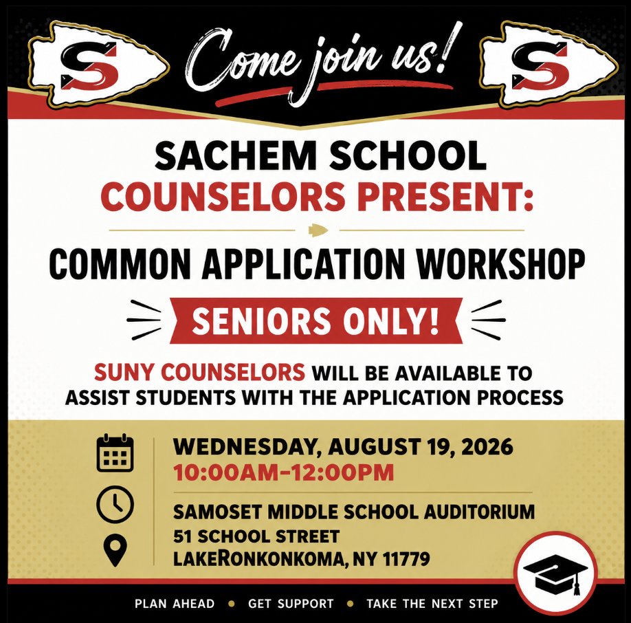 SachemSchools's tweet photo. 🎓 Attention Sachem Seniors! Getting ready for college application season? Join our Common Application Workshop and get expert guidance as you complete your applications. https://t.co/HbHjeOXrEH