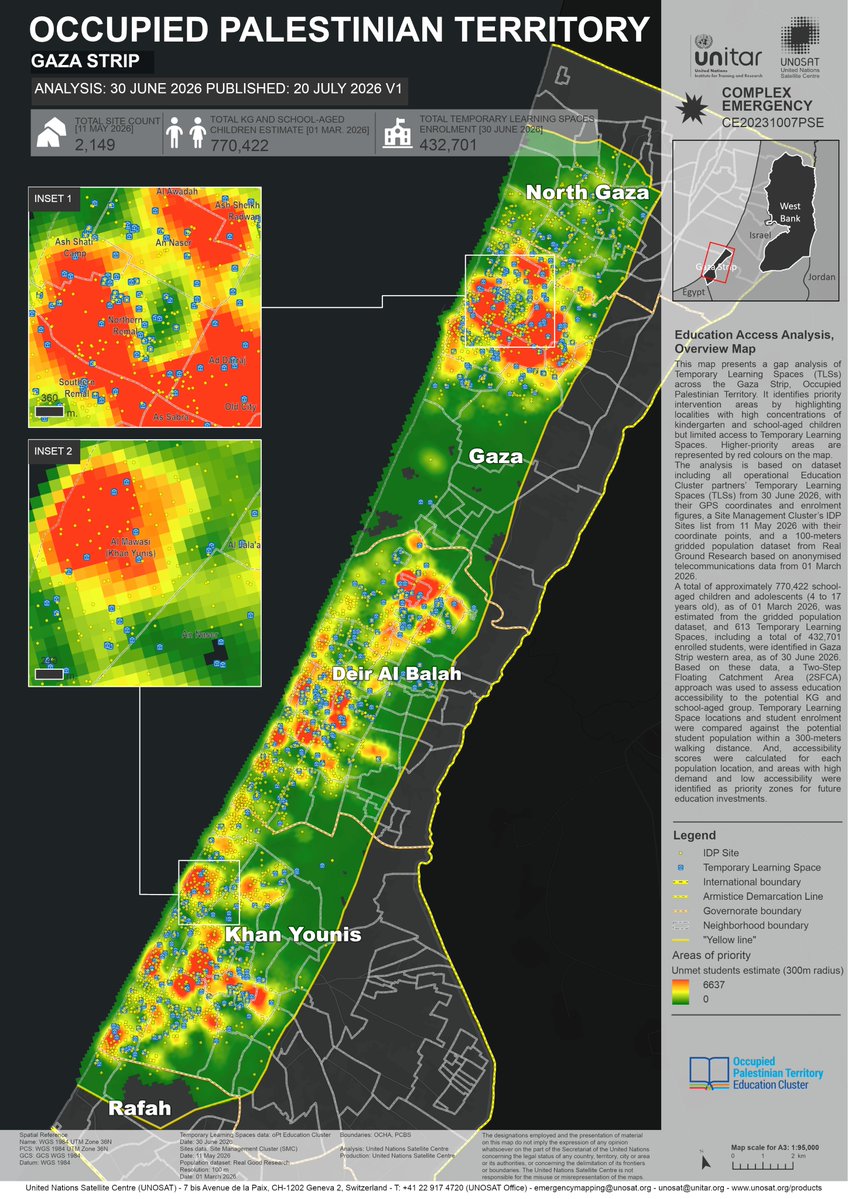 UNOSAT's tweet photo. Analysis by @UNOSAT, supporting the oPt Education Cluster's response in Gaza, indicates ~ 44% of potential kindergarten and school-aged students remain unreached.

Consult here:
https://t.co/maOnFAwMHb
https://t.co/makwQ7nfgr

@GlobalEdCluster  @ochaopt  @UNICEF @save_children https://t.co/rLFUR4hOPL