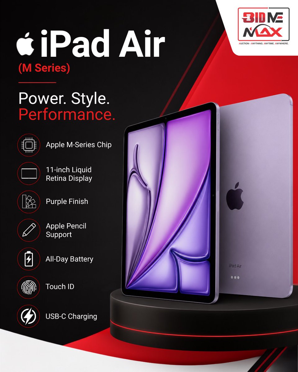 Bidmemax's tweet photo. The Apple iPad Air (M-Series) is built for creators, students, and professionals. Powerful performance, stunning display, Apple Pencil support, and all-day battery life make every task effortless. Ready to upgrade?#BidMeMax #iPadAir #Apple #TechTok #Gadgets #Tech #FYP #Unboxing https://t.co/4aNmFTTXUH