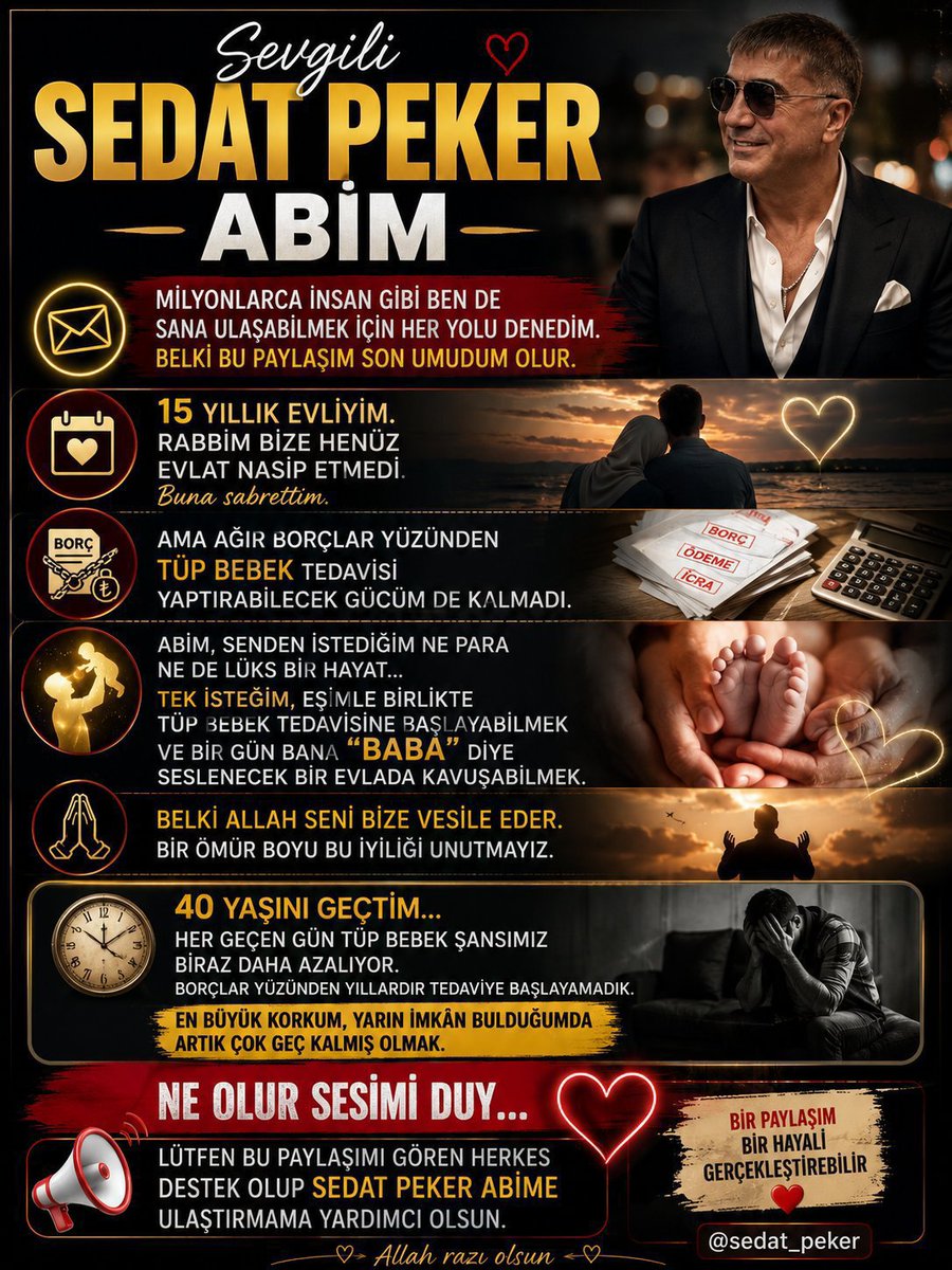 Kocareis005's tweet photo. Sevgili Sedat Peker Abim...
Ne olur artık feryadımı duy. Sana ulaşabilmek için çalmadık kapı, denemediğim yol bırakmadım. Belki de bu paylaşım bana ulaşabileceğin son umudum. 🤲 @sedat_peker
@sedat_peker
@sedat_peker https://t.co/O45OeeZCRr