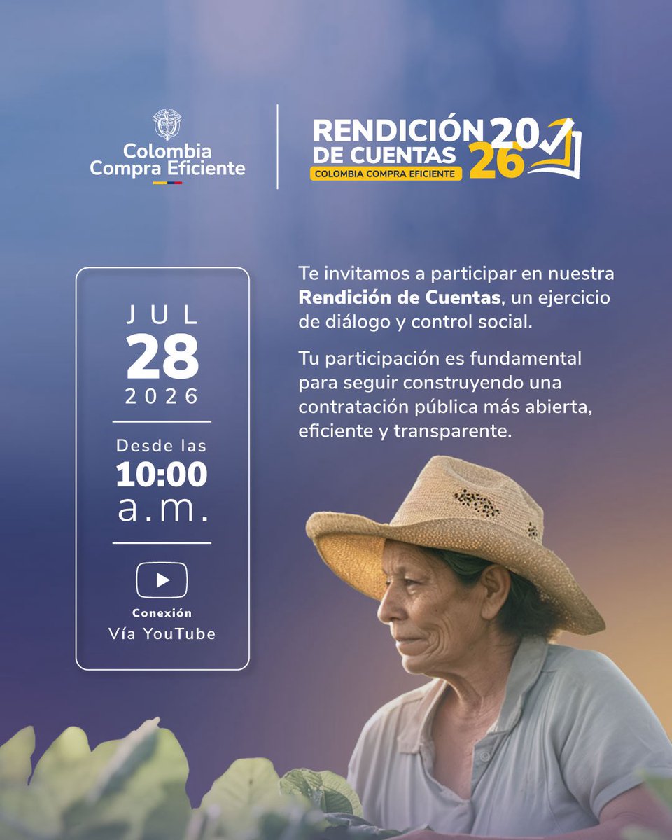 colombiacompra's tweet photo. 📢 ¡Hoy es el día!

Conéctate a nuestra Rendición de Cuentas y conoce los principales avances, logros y acciones que hemos desarrollado para fortalecer el Sistema de Compra Pública en Colombia.

▶️ https://t.co/sllxQEZqPs

¡Tu participación fortalece la transparencia! https://t.co/QxN1hEZriH