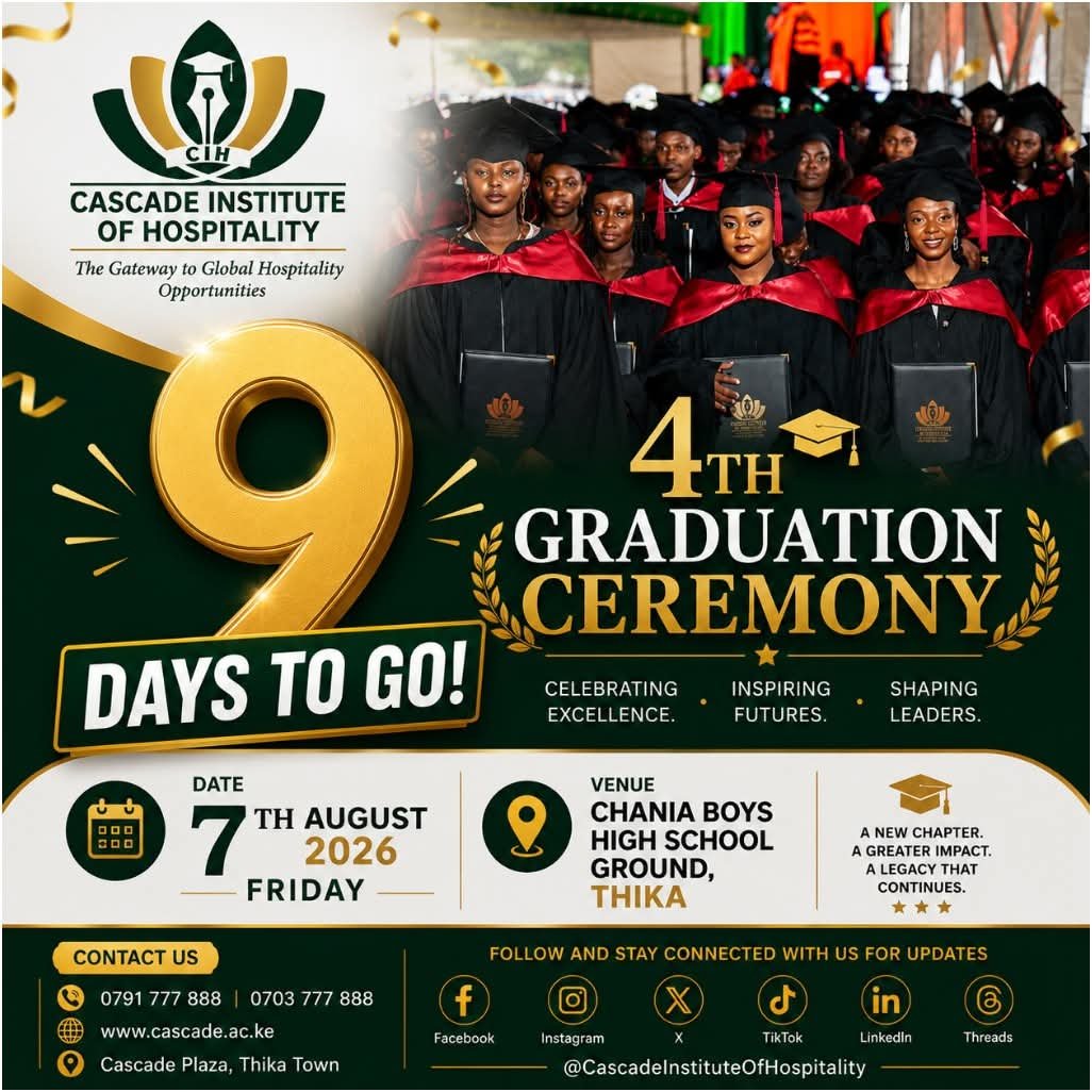 CIH_KE's tweet photo. 🔥 𝗢𝗡𝗟𝗬 𝟵 𝗗𝗔𝗬𝗦 𝗧𝗢 𝗚𝗢! 🎓⏳

The excitement is reaching new heights!

In just 𝟵 𝗱𝗮𝘆𝘀, we will celebrate a milestone of excellence, resilience, and achievement as the Cascade Institute of Hospitality proudly hosts its 4th Graduation Ceremony. https://t.co/wFqqYCC3zb