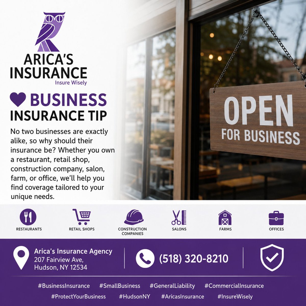 AricasInsurance's tweet photo. 💜 Business Insurance Tip

📍 Arica's Insurance Agency
207 Fairview Ave, Hudson, NY 12534
📞 (518) 320-8210

#BusinessInsurance #SmallBusiness #GeneralLiability #CommercialInsurance #ProtectYourBusiness #HudsonNY #AricasInsurance #InsureWisely https://t.co/2wm4nJVPal
