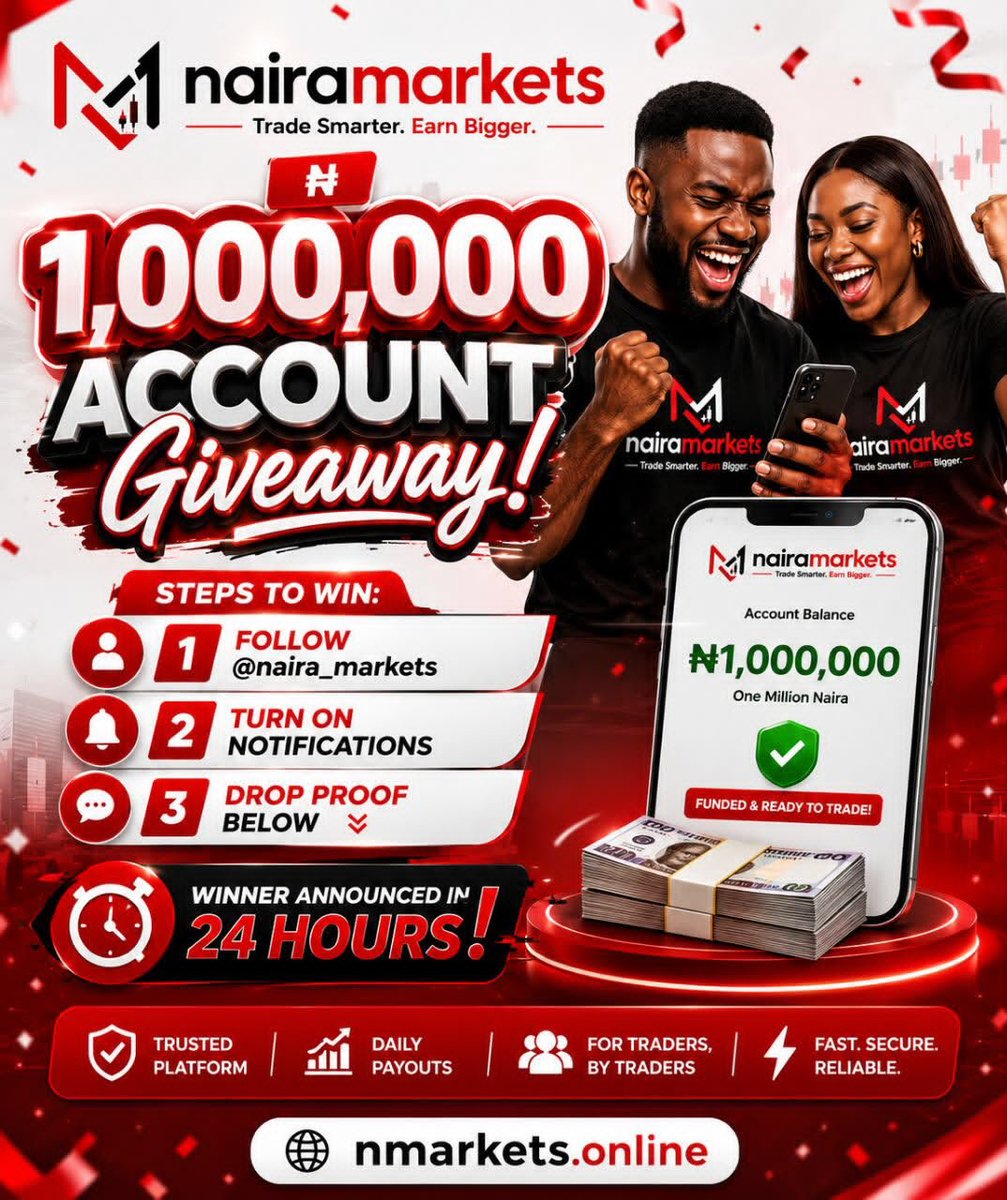 anointedtrader_'s tweet photo. 🎉 GIVEAWAY ALERT 🎉
₦1,000,000 account Giveaway

Follow @naira_markets, @anointed_trader 

Turn on post notifications, repost
Tag 3 friends 
Drop proof below 

Winners announced in 24 hours https://t.co/ai6hvA3yUW