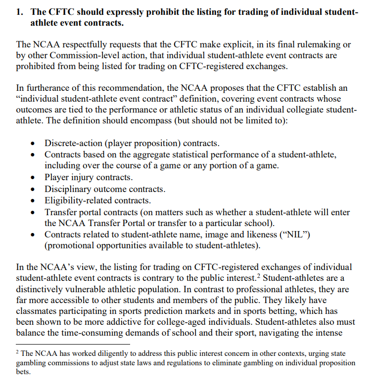 GeoffZochodne's tweet photo. The NCAA's submission to the CFTC on the agency's proposed prediction market rules includes a request to ban "individual student-athlete event contracts."

In other words, no college player props via PMs, an ask the NCAA has made of state-regulated sportsbooks as well. https://t.co/GpfQS3mz8n