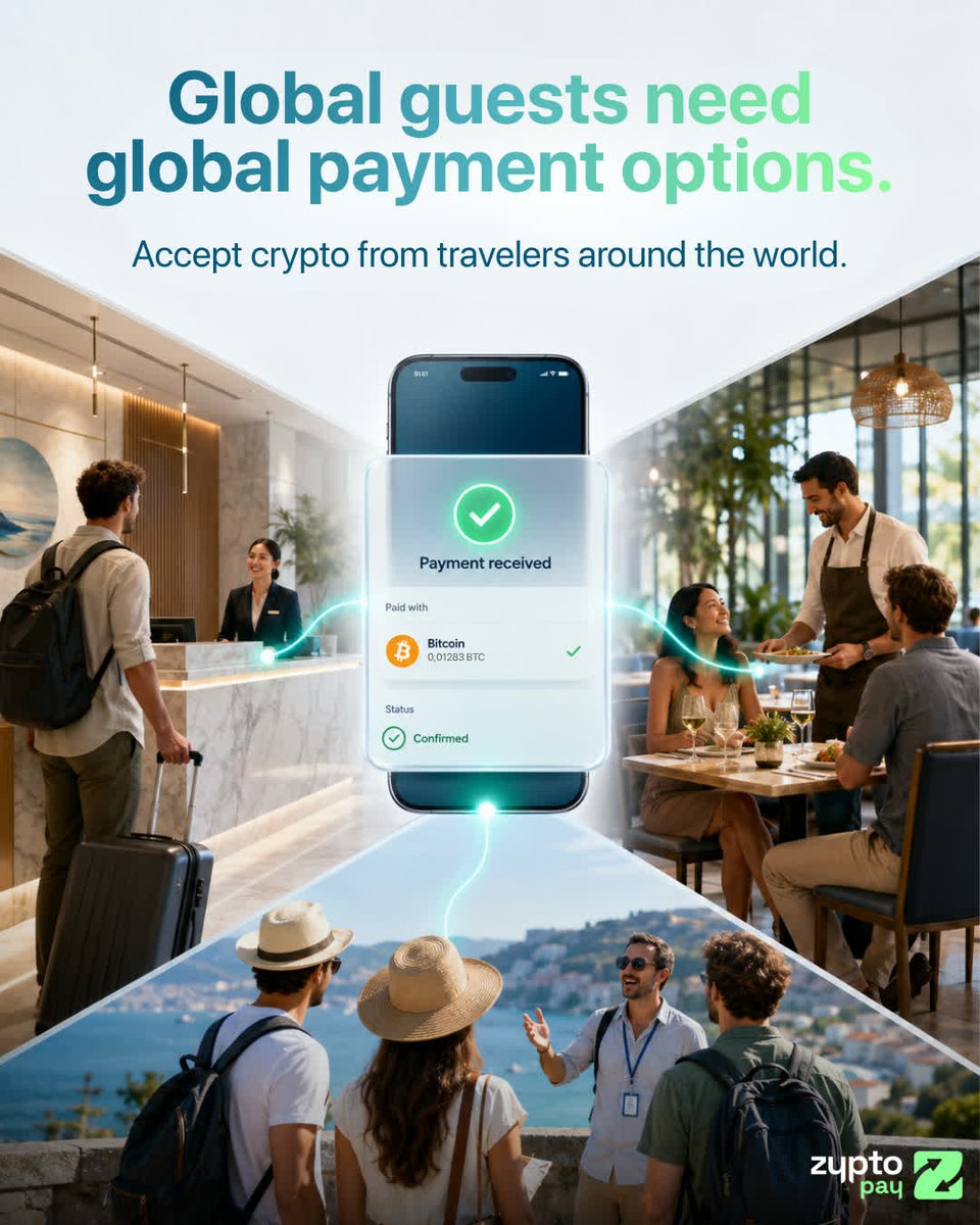 zyptopay's tweet photo. Accept crypto from every traveler walking through your door. 🏨

Hotels. Restaurants. Tour operators. Businesses that live on global customers.

The ones ready to accept crypto capture more sales. The ones that aren't lose them to the place next door.

If you're in hospitality or travel, you need Zypto.

#FreeYourMoney