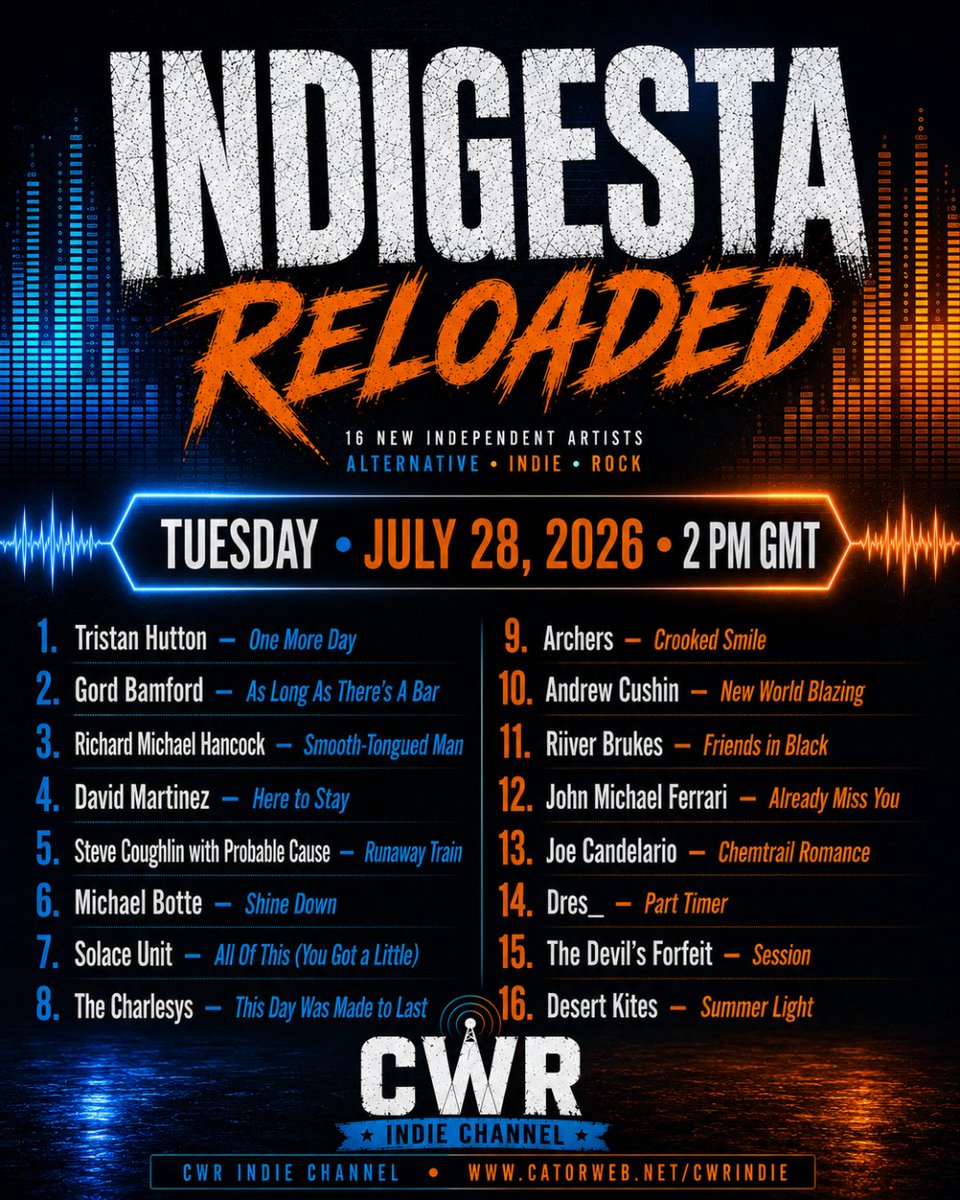 catorwebradio's tweet photo. #NowPlaying #IndigestaReloaded
#TristanHutton
@gordbamford
#RichardMichaelHancock
@davidmartinezmu via @LadyLakeMusic
#SteveCoughlin
@mbotteband
#SolaceUnit
@charlesy_songs
#Archers via @Emma_Scott
#AndrewCushin
@RBrukes
@johnnyferrari
@joecan2011
@weareDRES_
#TheDevilsForfeit https://t.co/aHivXSxjzV