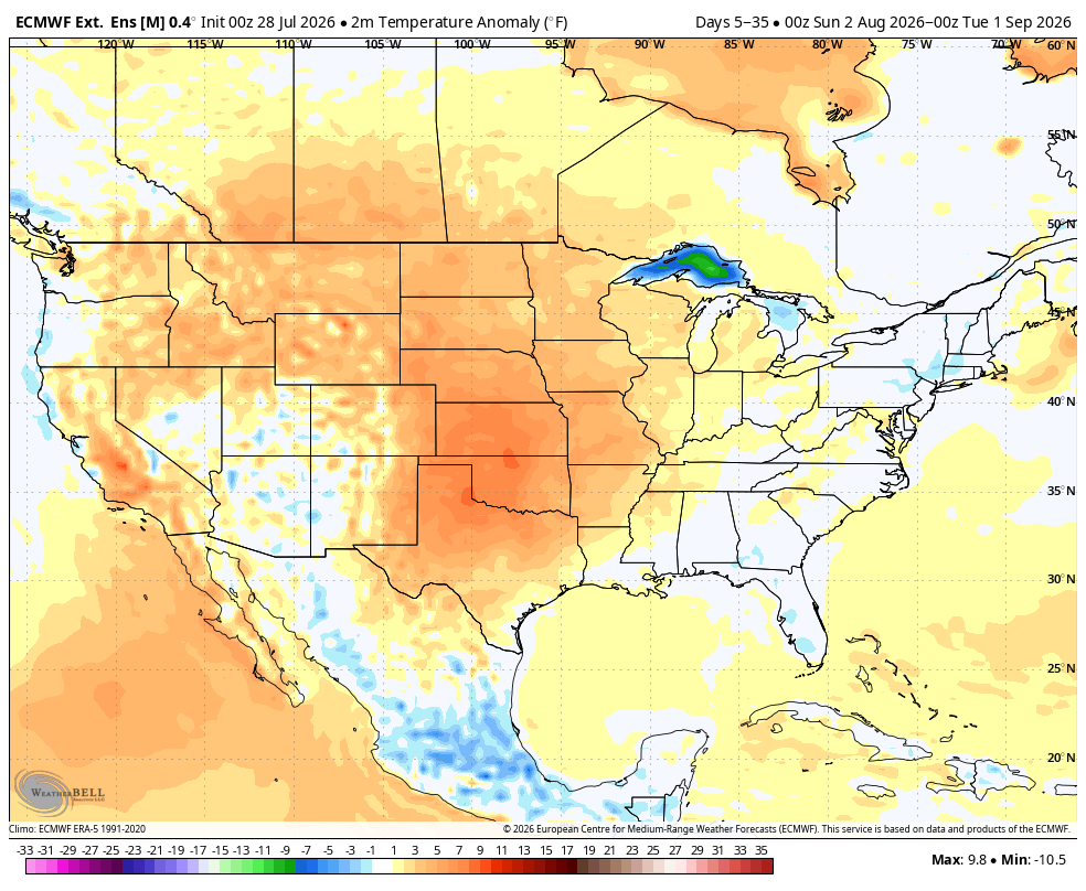 BigJoeBastardi's tweet photo. There are unprecedented events going on right now, bigger than hot or cold.  In the winter of 23-24 we saw the most rapid warming of SST east of Australia in an el nino ever recorded.  We have 3 record ( for time of year) "hot spots" in the Pacific ( 40n, the dateline, EPAC west of Mexico, and the ENSO), and last but not least, A stuck phase 6 MJO coming up in August, which is really nuts  as the only phase 6 in August have occurred in much weaker El Niños. So that part of the atmospheric response is opposite of what we would expect looking at previous events. Now here is the real kicker. Phase 6 in August is quite cool. Models are anything but that in the plains and west. Meanwhile, last winter, phase 6, the kiss of death for cold in winter, was one of only 2 cases of cold coming in phase 6 ( the other was 1986, which is one of the years a phase 6 occurred in August with a coming El nino