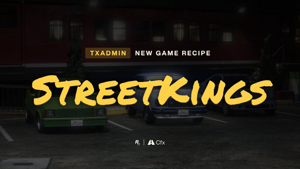 FiveM's tweet photo. We’re excited to announce StreetKings, a new txAdmin recipe created in collaboration with FiveM community developers.

Read more on our forum: https://t.co/4ll9xVUXaK https://t.co/xqPVnz8b1P