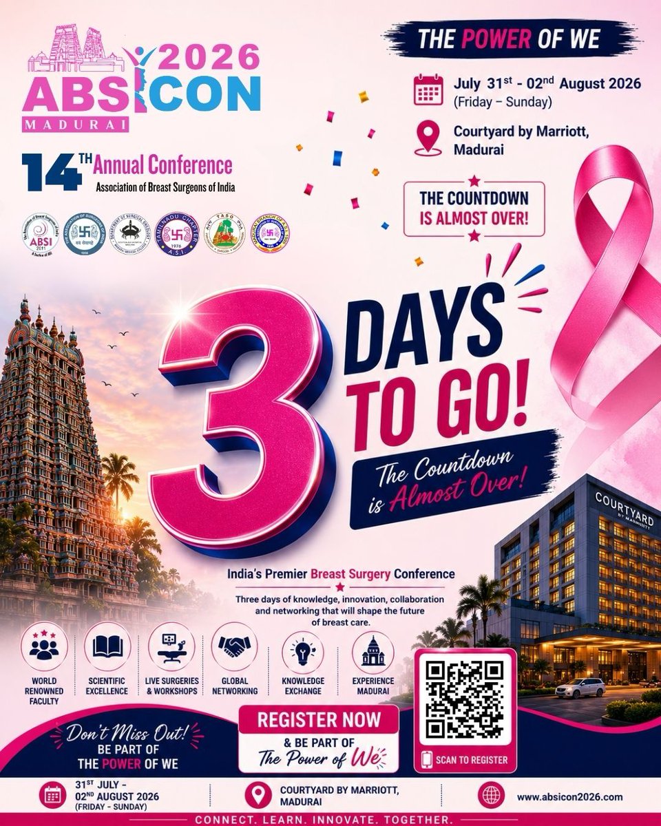 ABSI_2011's tweet photo. Just 3 Days to Go!
The countdown has begun!

📅 31st July – 2nd August 2026
📍 Courtyard by Marriott, Madurai

See you in Madurai!
Register: https://t.co/XTuxiPpwPN

#absicon2026 #Conference2026 #ABSI #3daystogo #breastsurgeons https://t.co/ZuebbDU4a6