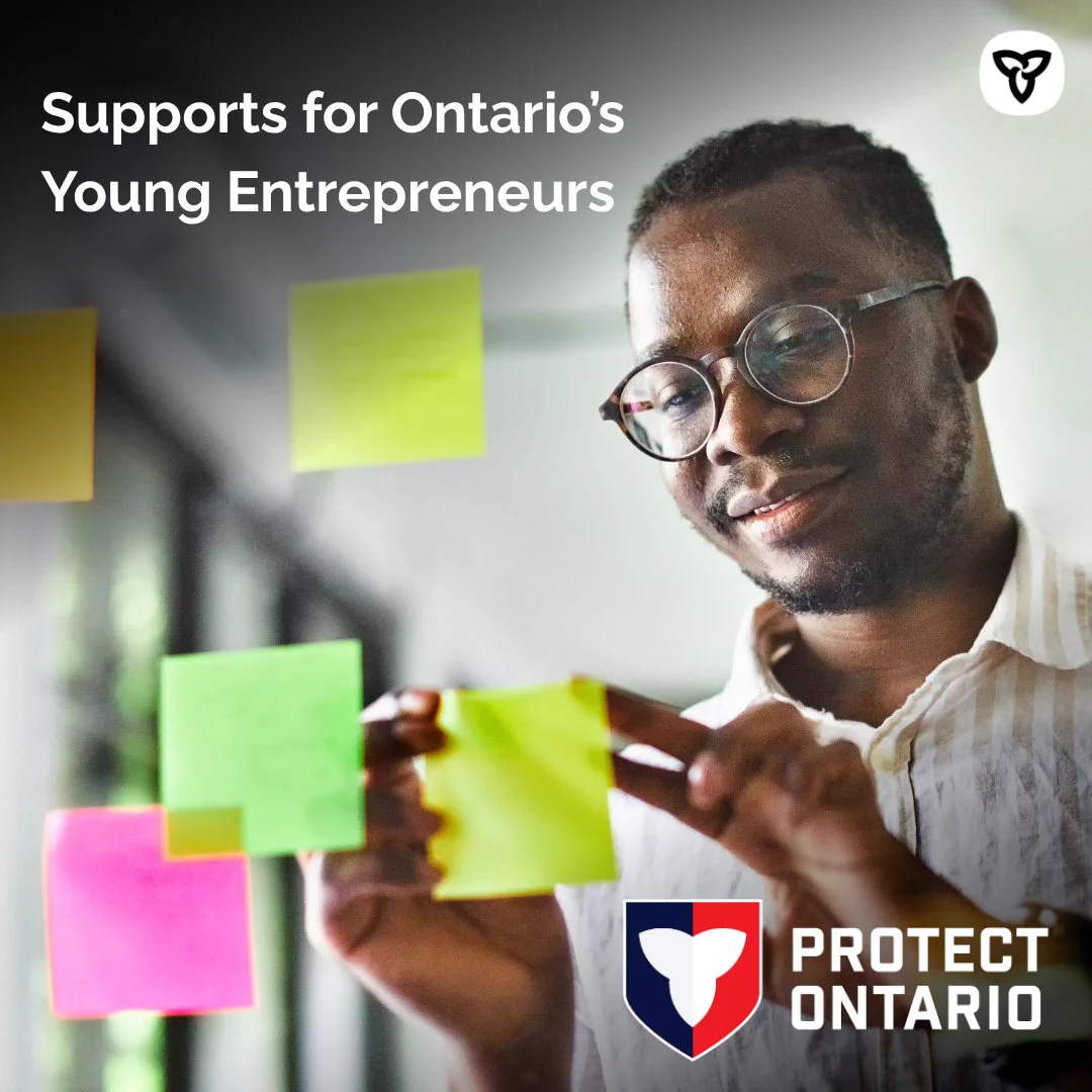 Title : Support for Ontario's Young Entrepreneurs.

Alt text: A person arranges colorful sticky notes on a glass surface. 