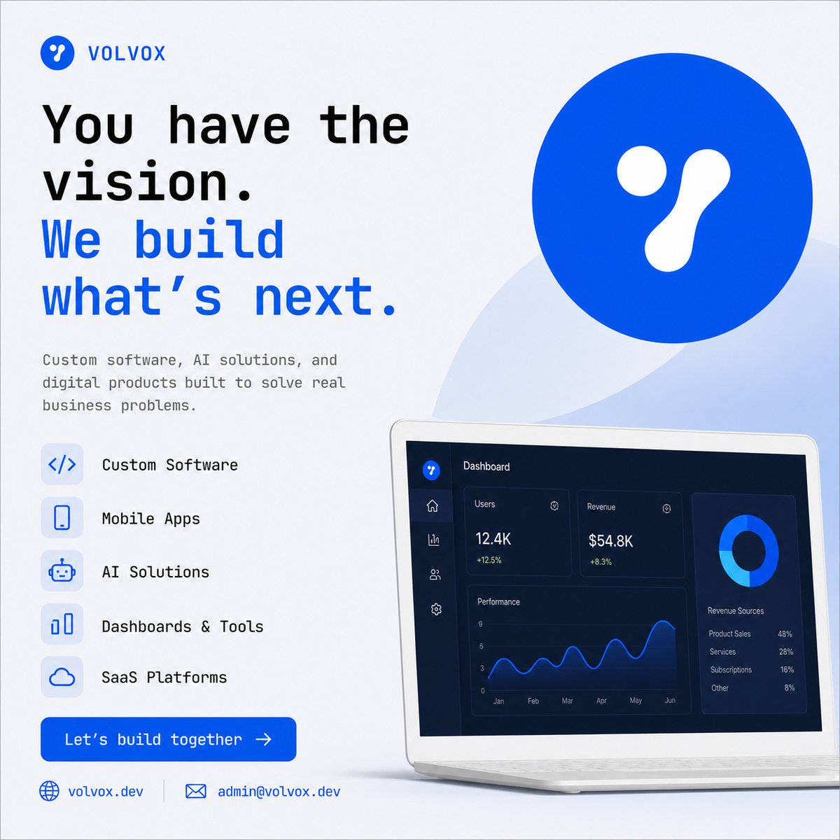 VolvoxDev's tweet photo. You have the vision. We build what's next.

Volvox partners with businesses to turn ideas into custom software, AI solutions, mobile apps, dashboards, and SaaS platforms - built to solve real problems, not generic templates.

If you've got a project in mind, let's talk. Book your https://t.co/3bevlzXb4A