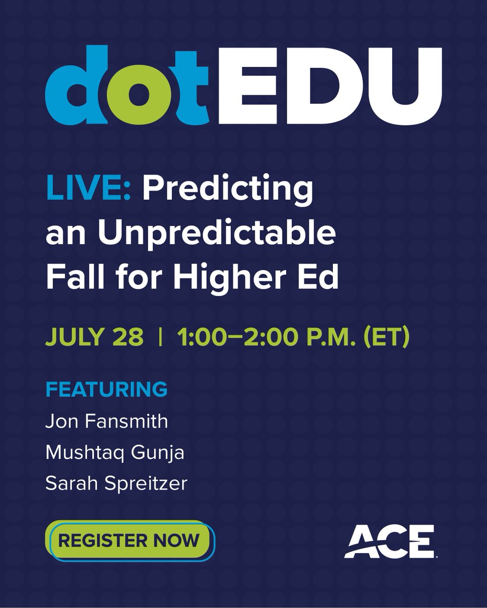 ACEducation's tweet photo. The dotEDU hosts have heard your questions and are ready to talk all things higher ed policy this afternoon.

2026 has been a challenging year for institutions & advocates. But with those challenges, advocates and champions of higher ed have learned a lot: how to fight for students in new ways, how to communicate with the administration, and how to anticipate what could happen next.

Join us at 2:00 p.m. ET for the dot EDU season 7 finale. Register now and submit your questions: https://t.co/8rJC7TauE0