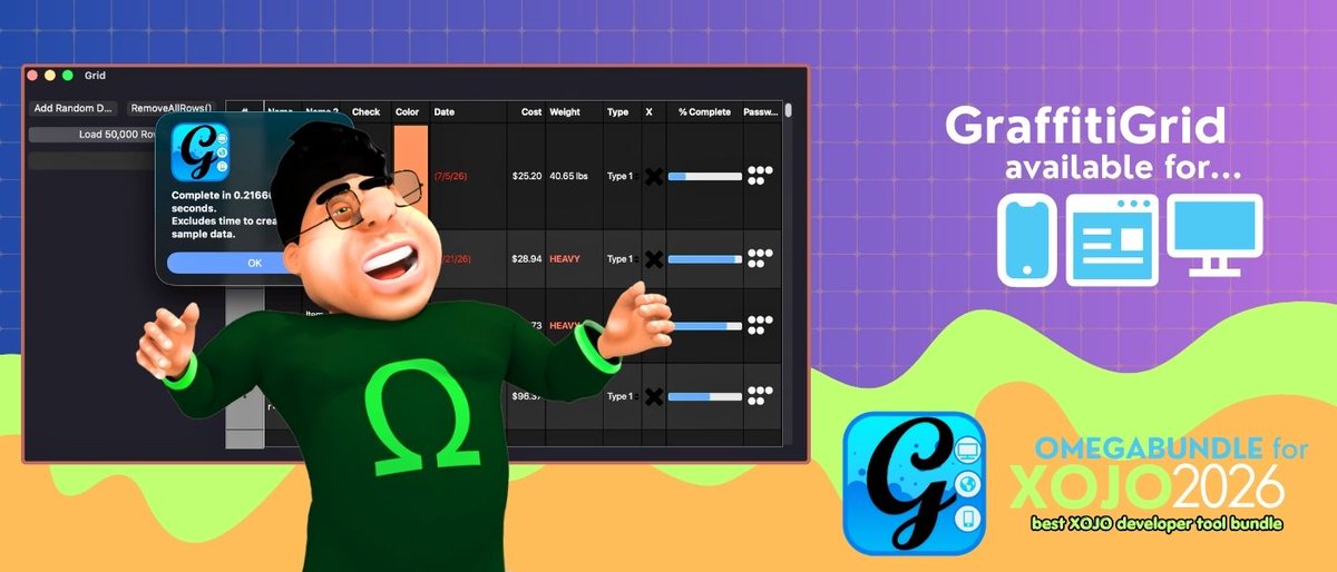 omegabundle's tweet photo. GraffitiGrid is a powerful, feature‑rich listbox replacement for Xojo—supporting desktop, iOS, and web apps. It’s part of GraffitiSuite and included in cross-platform developer bundle Omegabundle for Xojo 2026.
https://t.co/TYnymelark
#Xojo #UIDevelopment https://t.co/1UHijIBczy