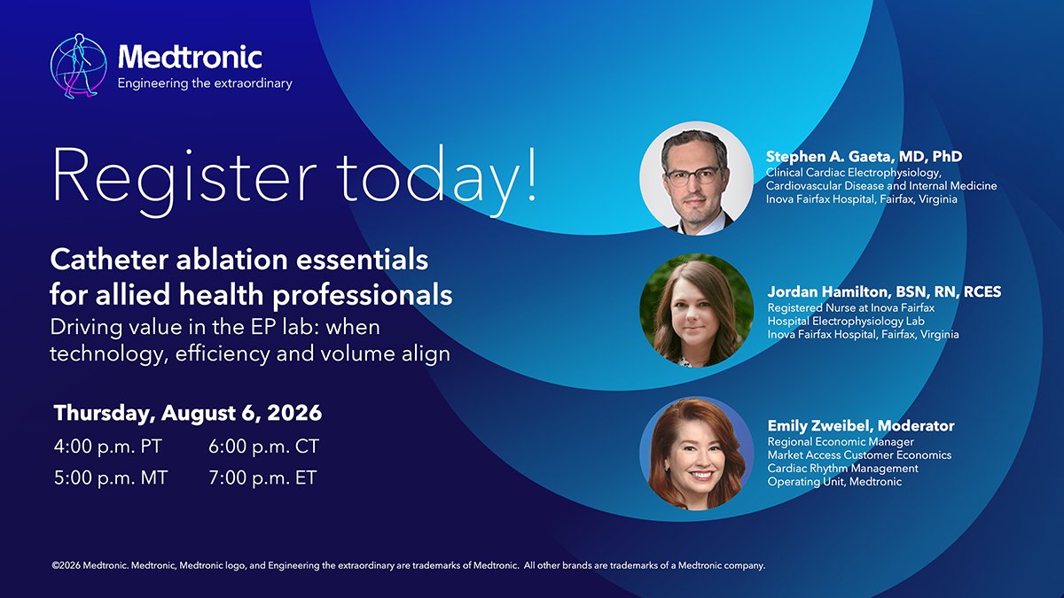 MDT_Cardiac's tweet photo. Join us for a panel discussion with Dr. Stephen A. Gaeta, MD, PhD, and Jordan Hamilton, BSN, RN, RCES, exploring the evolving economics of catheter ablation, highlighting how procedural efficiency and lab throughput influence overall value.
Register today: https://t.co/gmuB61LyLZ https://t.co/UiY4LvZPp8