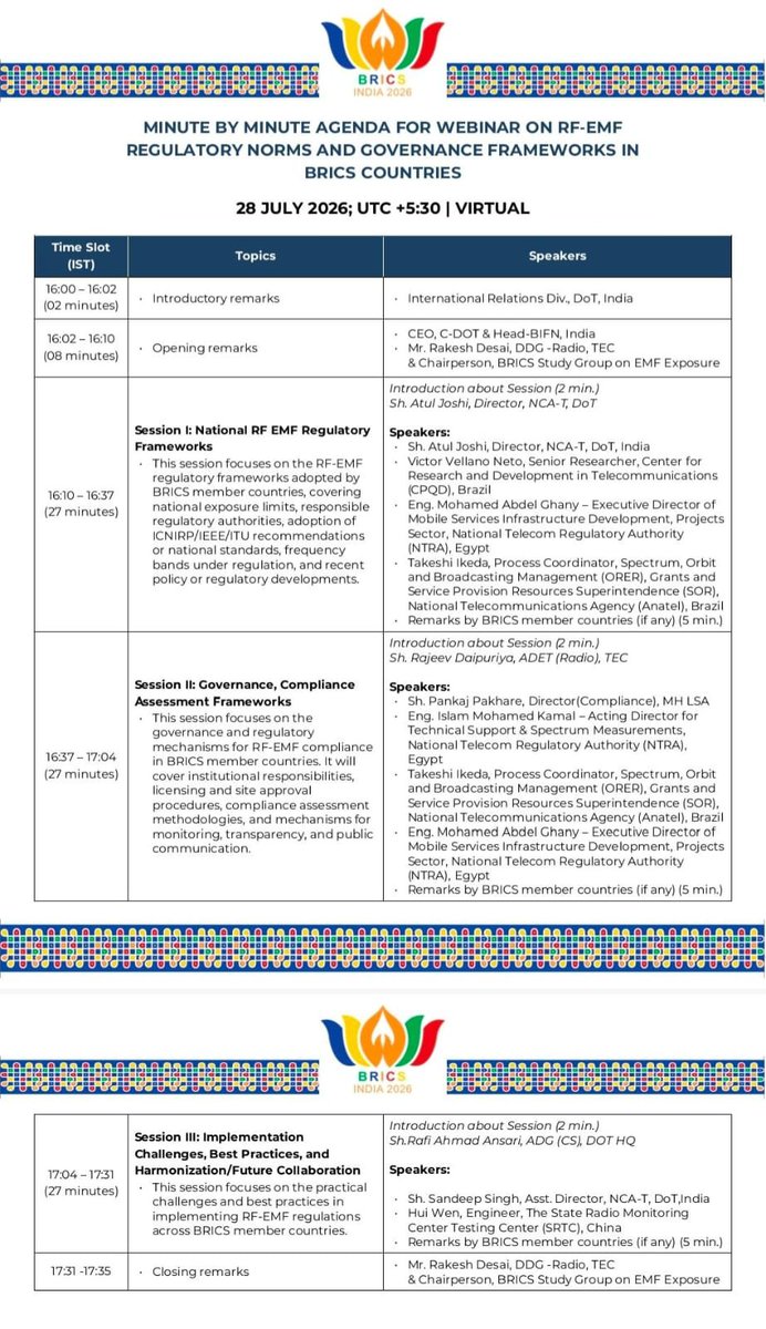 TEC_DoT_India's tweet photo. Under India's #BRICS2026 Presidency, @DoT_India, @CDOT_India and @TEC_DOT_India successfully organized the Webinar today on *"RF-EMF Regulatory Norms and Governance Frameworks in BRICS Countries."* #BRICS #BRICS2026 #RFEMF #Telecommunications #5G #6G #Standards #health 1/2 https://t.co/NMZBoRqkt9