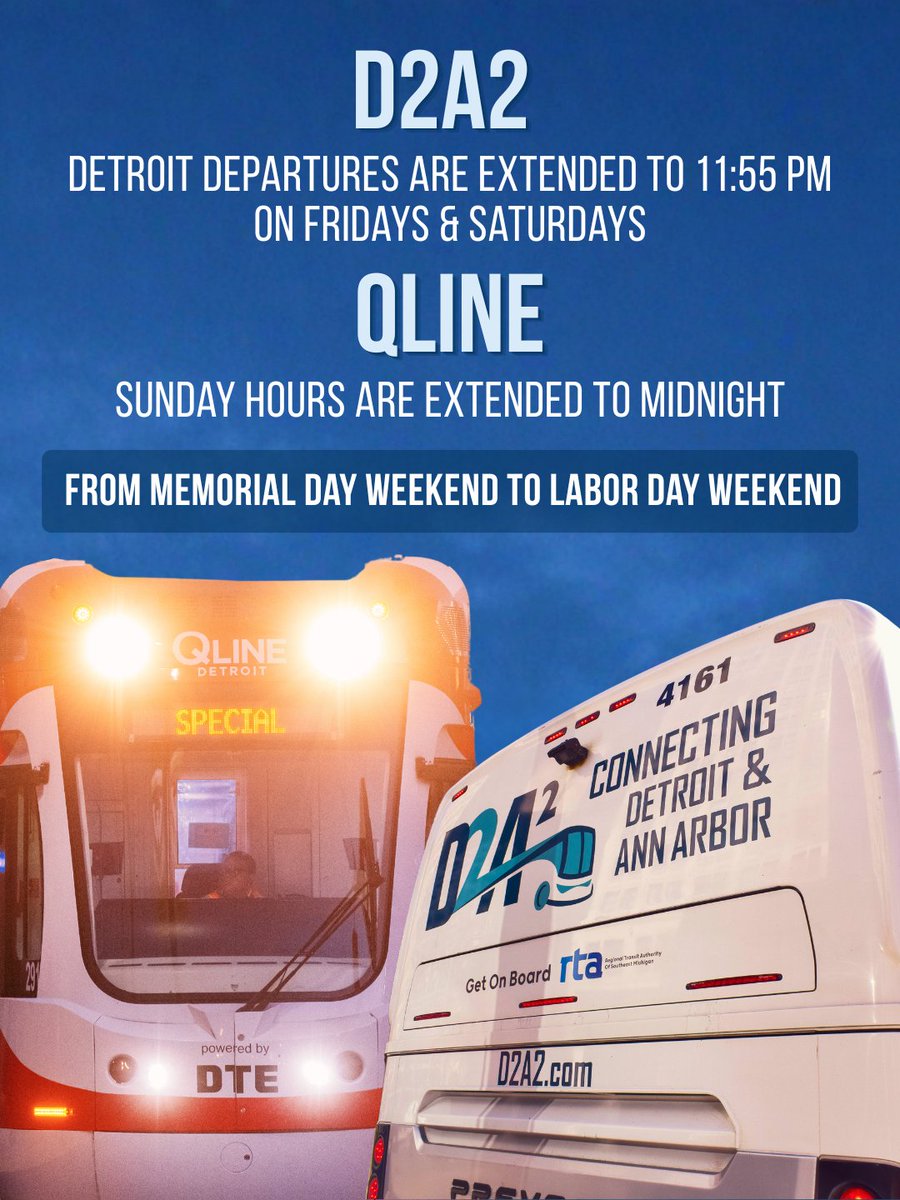 RTAmichigan's tweet photo. Did you hear? Transit riders in Southeast Michigan can enjoy nonstop travel between Detroit and Ann Arbor this summer with late-night weekend service on D2A2 AND the @QLINEdetroit.

Learn more and plan your trip: https://t.co/SJkQgxHU0E https://t.co/9MI0p7nEwV