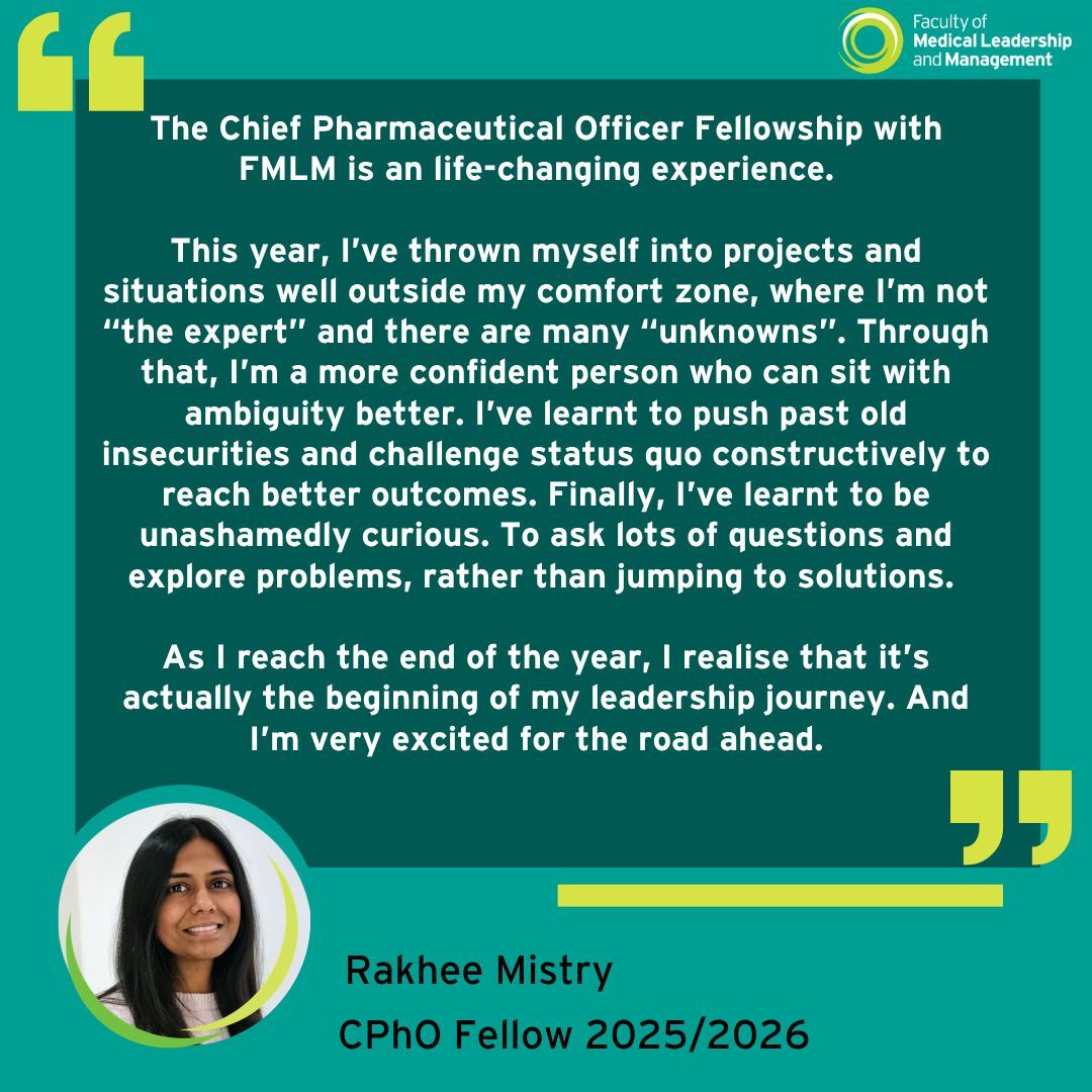 FMLM_UK's tweet photo. Hear from Rakhee as she reflects on her Clinical Fellowship journey ahead of graduation🎓

From stepping outside her comfort zone to building confidence in uncertainty, Rakhee shares how the Chief Pharmaceutical Officer Fellowship with FMLM has shaped her leadership journey and inspired her for the road ahead.

👉Discover more about the Clinical Fellowship Scheme: https://t.co/y1zBgb0AnP