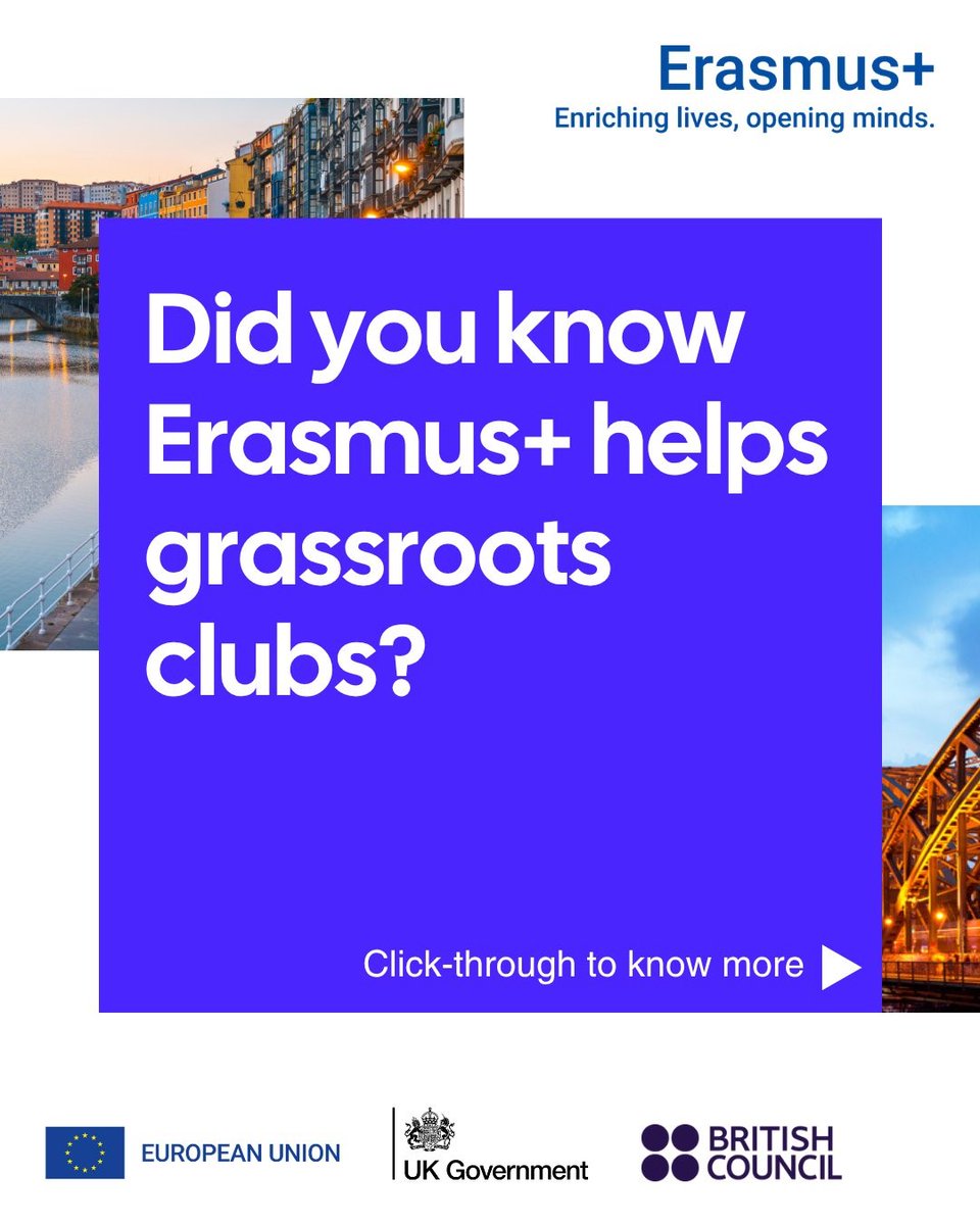 BritishCouncil's tweet photo. Did you know Erasmus+ is one of the few international funding sources open to grassroots sport? It connects clubs, coaches and volunteers with partners across Europe. Funding opens November 2026. Start your journey now: https://t.co/veNsb3dncu

#ErasmusPlusUK https://t.co/K7aBXZONMA