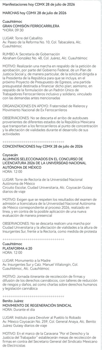 Lupita_Paseos's tweet photo. Marchas, Plantones y Manifestaciones
#BuenosDias 🌤️ te compartimos las movilizaciones sociales previstas para este 28 de Julio del 2026 en la #CDMX
#Coyoacán #Mexico� #QueNoSeTePase #FelizMartes #SabiasQue #AlMomento #marchas #manifestaciones #Noticia https://t.co/b8cRzXf3E2