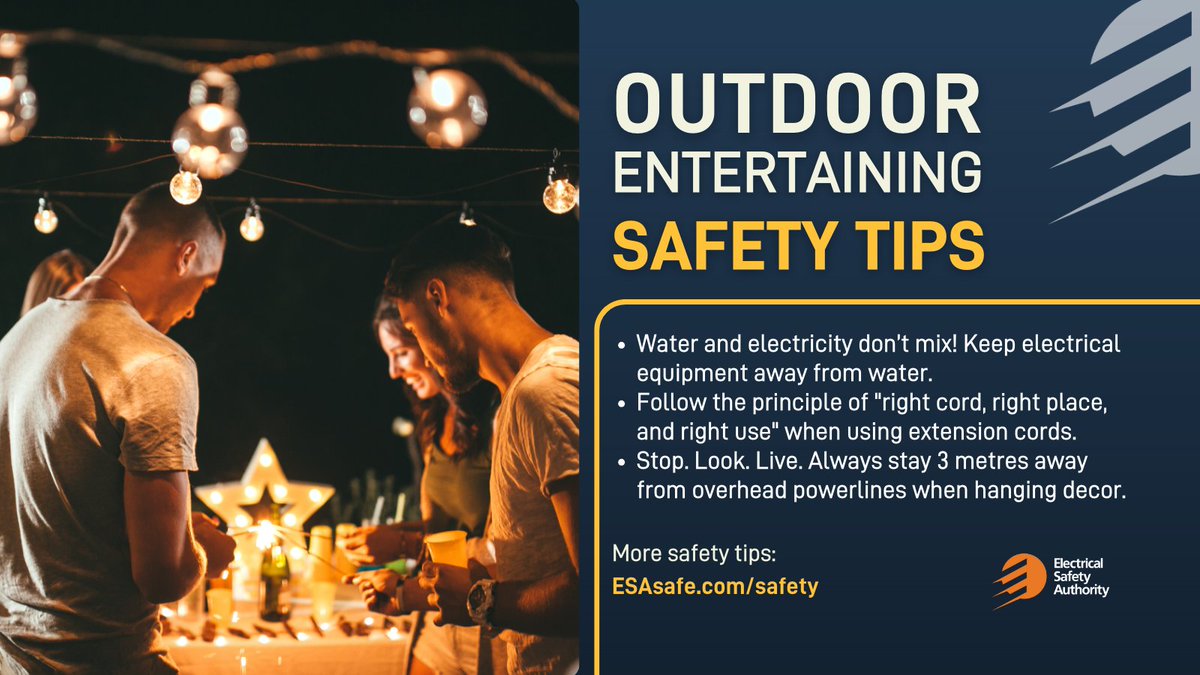 EDA_ONT's tweet photo. Whether you’re at the cottage or having a backyard party this summer, stay safe and have fun. Be sure to plug in safely when you’re outside. Only use extension cords rated for outdoor use and don’t string multiple extension cords together. Get more outdoor safety tips: https://t.co/7bEg9psLso