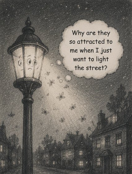 MaxMugambim's tweet photo. Why are they so attracted to me when I just want tonight the street? 

The lamp wonders. https://t.co/gfOWjZFv8R