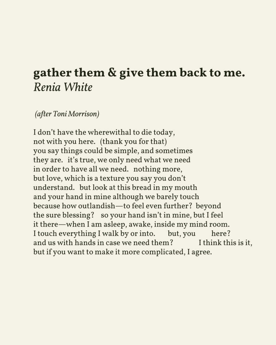 readalittlepoem's tweet photo. “so your hand isn’t in mine, but I feel / it there—when I am asleep, awake, inside my mind room.”

— Renia White

.
.
.

This poem appeared in Casual Conversation by Renia White, published by BOA Editions, Ltd., 2022. Shared here with deep gratitude. https://t.co/v1Lpv0iCPZ