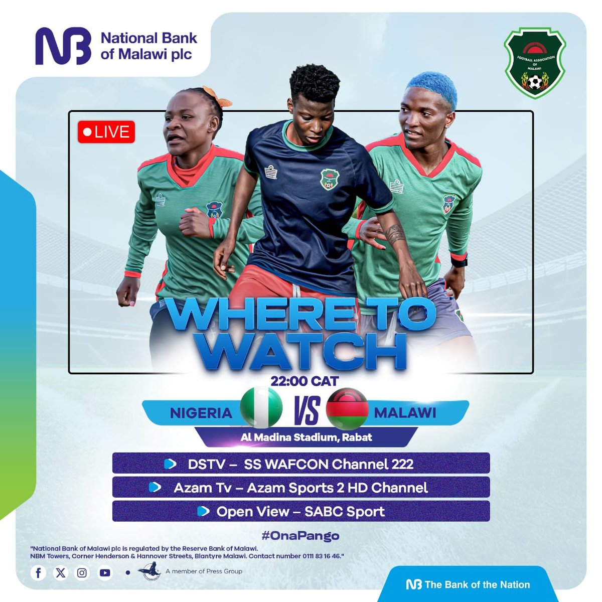 NBMplc's tweet photo. WATCH THE SCORCHERS LIVE TONIGHT๐ฅ
Watch live on DStv SS WAFCON (Ch. 222), Azam Sports 2 HD, or OpenView SABC Sport and rally behind the team as they fly the Malawian flag high.
#OnaPango
#Scorchers
#BankOfTheNation https://t.co/weH4s6oenz