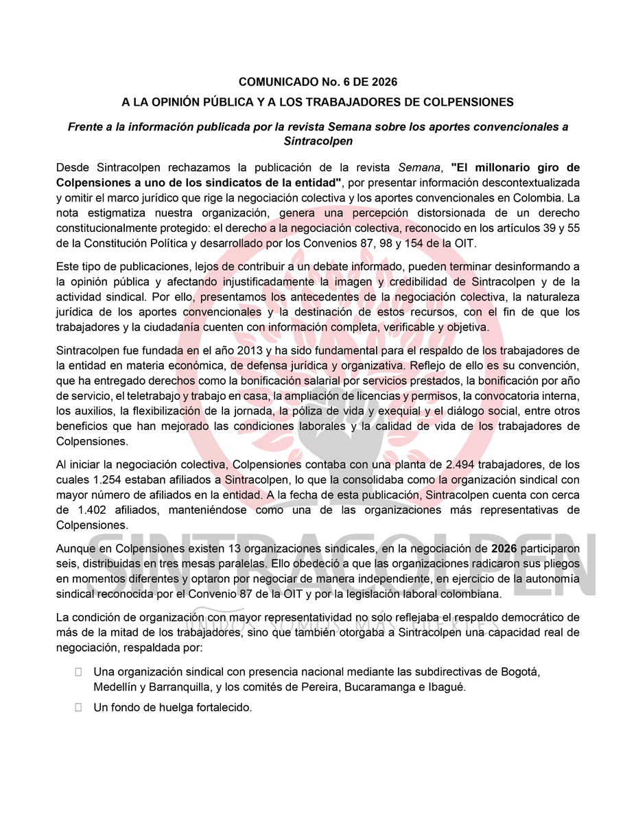 Of_Sintracolpen's tweet photo. Rechazamos la estigmatización del sindicalismo. Respondemos con argumentos, transparencia y sustento jurídico a la publicación de @RevistaSemana. Defender a Sintracolpen es defender la negociación colectiva y los derechos de las y los trabajadores de @Colpensiones✊@cutcolombia https://t.co/ugd7BqNRDZ