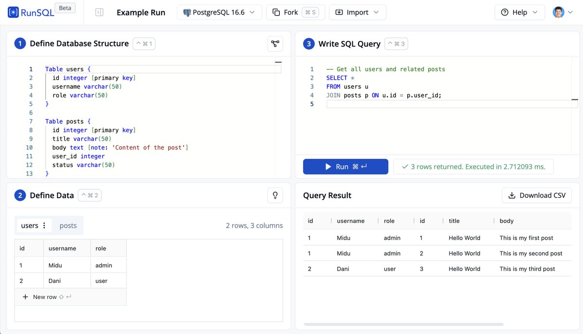 midudev's tweet photo. Guarda este recurso si trabajas con SQL.

Es un playground sin instalaciones donde puedes:
- Crear tablas, ejecuta consultas y comparte resultados
- Trabajar con MySQL, PostgreSQL y SQL Server

Sin coste ni instalaciones:
→ https://t.co/64zR1KazAU https://t.co/umdp37VIAU