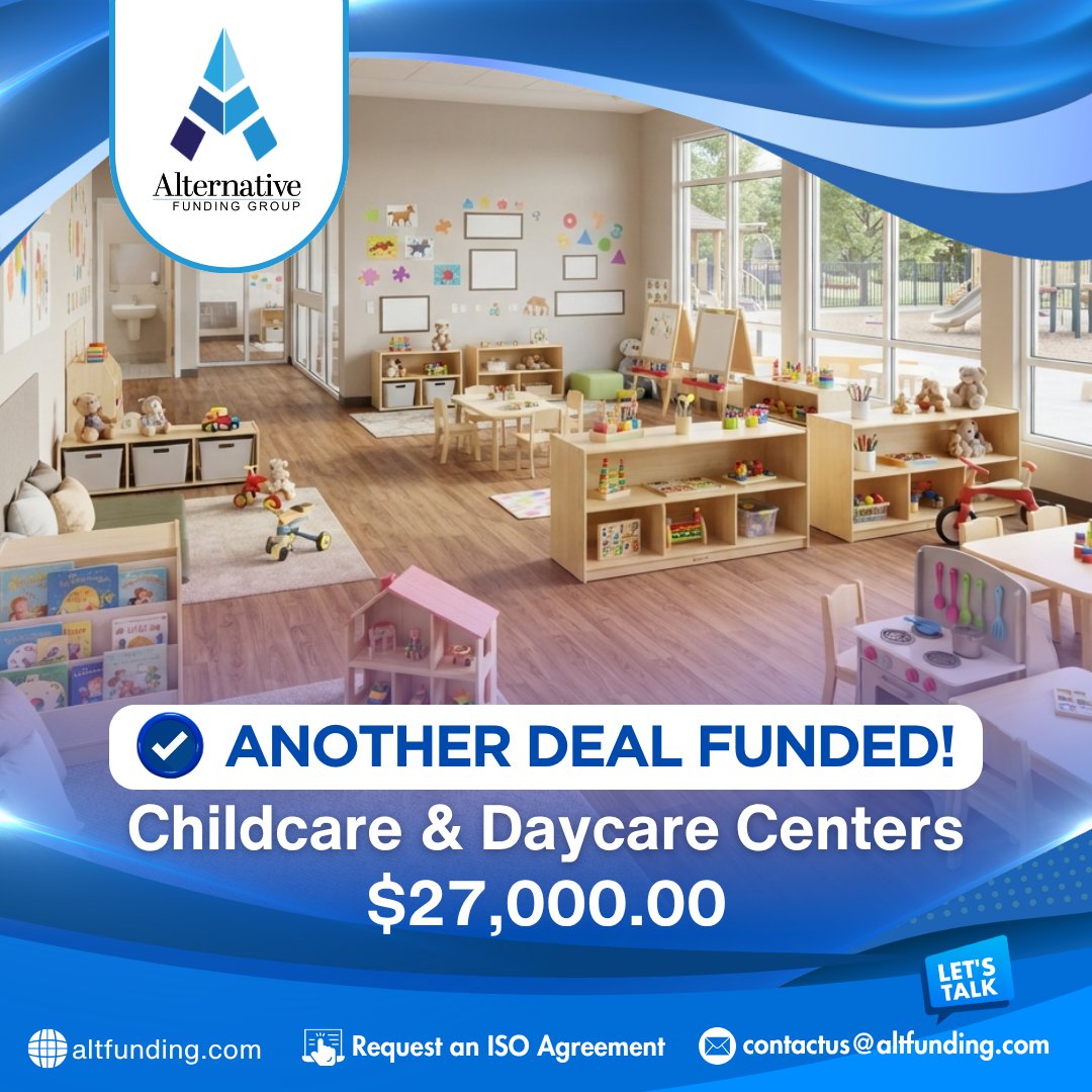 ALTFundingGroup's tweet photo. $27,000 Funded | Childcare & Daycare Centers

Providing a safe, nurturing environment takes dedicated staff, learning materials, and dependable daily operations.

When cash flow tightens, investing in your facility and maintaining quality care becomes more challenging.

We're a direct funder with fast approvals and in-house decisions—no middle layers.

Funds supported payroll, classroom supplies, equipment, facility improvements, and operating expenses.

Apply now and keep your center growing.

#alternativefundinggroup #childcare #businessfunding #workingcapital