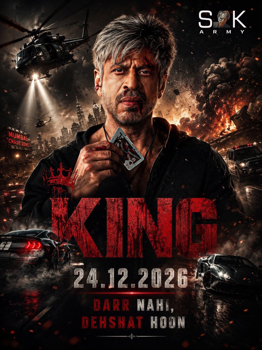 TeamSRKsArmy's tweet photo. When he arrives… he arrives with a bang. 💥

There is only one KING. 👑

Get ready for an experience that will blow your mind and set the big screen on fire.

KING — In theatres near you on 24.12.2026. 

@iamsrk @RedChilliesEnt @justSidAnand @deepikapadukone 

#ShahRukhKhan #King #SRK