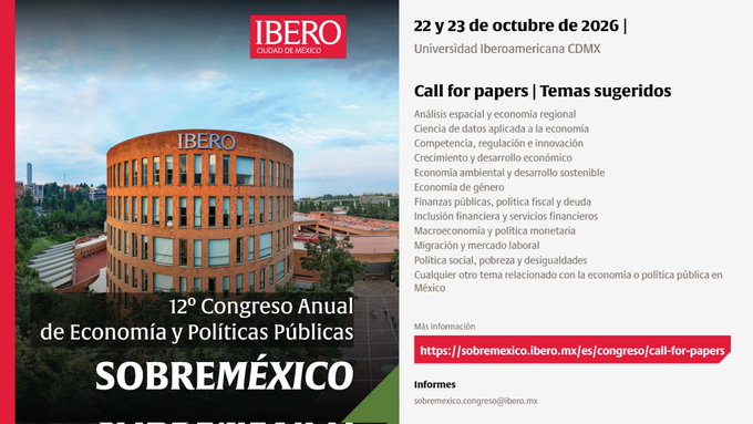 ibero_economia's tweet photo. 🚨Call for papers🚨

¿Quieres presentar tu investigación y necesitas financiación?

Envía tu artículo hasta el 1 de agosto y puedes postular por financiación para participar en la 12° versión del congreso anual #SobreMéxico.

¡Quedan 5 días!

Más info:
ℹ️https://t.co/FUqS4oWMw9 https://t.co/bWsn4noPl8