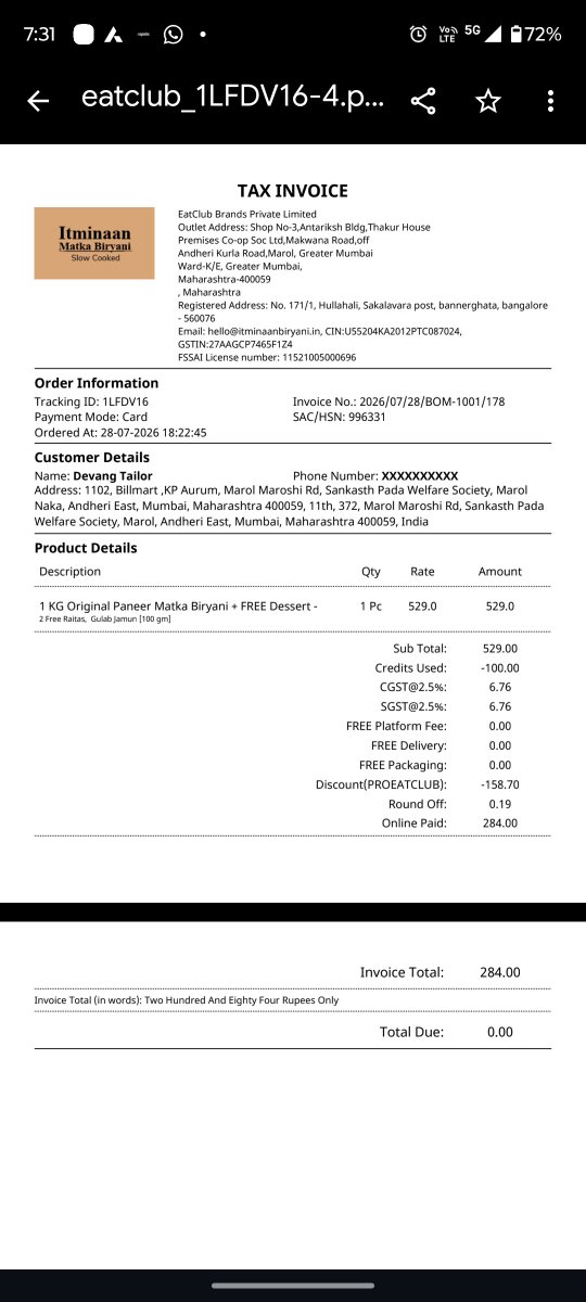 TAILORDEVANG1's tweet photo. @eatclubsupport @jagograhakjago @fssaiindia This is not just about a refund—it is about religious and dietary beliefs, customer trust, and food safety. I will be filing a complaint with the Consumer Commission regarding this serious negligence.(2/2) https://t.co/TFSnWxm5Ph