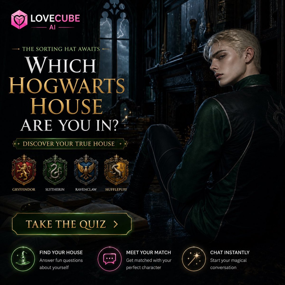 LovecubeAi's tweet photo. 🪄 Draco doesn't think you belong in Slytherin.

Take the Sorting Quiz to discover which house truly fits your personality.

Unlock your result and meet your perfect character.

Start here 
👉🏻 https://t.co/nw1IVN3JEW https://t.co/yWhdatcb3f