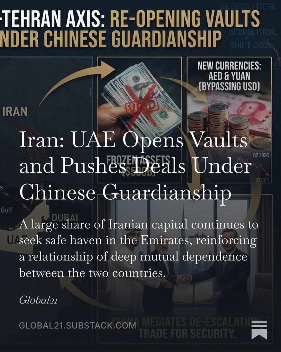 pati_marins64's tweet photo. Iran: UAE Opens Vaults and Pushes Deals Under Chinese Guardianship

During coalition strikes on Iran launched from American bases in the region, and the subsequent Iranian retaliation against Gulf states, the United Arab Emirates initiated a severe, sweeping crackdown on Iranian citizens and institutions. Residence visas held by Iranians who had lived in the country for decades were cancelled en masse, and harsh financial restrictions were imposed. 

This strategy hit those outside the country particularly hard: Iranian citizens traveling for business or tourism were barred from re-entering the Emirates, even being prevented from collecting their personal belongings. 

Even the coveted Golden Visas, the 10-year residency permits granted to buyers of high-value luxury properties, were unilaterally cancelled without prior notice.

Furthermore, the government suspended operations for all entities linked to Iran and froze the accounts of hundreds of Iranian individuals and companies. 

Iranians were barred from transferring funds or registering new real estate. According to Tehran, the Emirati government confiscated or blocked the equivalent of $530 billion in total assets belonging to Iranian citizens and companies. 
Independent sources, however, put the figure closer to $350 billion, still a staggering sum.

As Iran intensified attacks on the Emirates and maintained its closure of the Strait, Abu Dhabi moved to de-escalate. The economic damage was simply too deep to ignore. 

In May, the total value of real estate transactions plunged 42% compared to April. The volume of units sold dropped 19% in a single month. In the second quarter of 2026, the overall value of transactions recorded a 45% decline year-on-year. 

Reports from Knight Frank confirmed that the number of homes changing hands in June fell 16.4% annually.
To offload completed properties on the secondary market, frightened owners and some developers began offering steep discounts relative to pre-war prices, hoping to attract buyers willing to take the risk. 

What risk? The risk of Iranian missiles pointed directly at their windows from across the Strait.

The toll on oil exports, tourism, and airlines has already climbed into the tens of billions. 

Consequently, the Emirates opened talks with representatives from the Tehran government, stitching together an agreement aimed at releasing $20 billion that had been frozen for years in Emirati banks under international sanctions. 

China acted as the guarantor of the entire agenda, leveraging its close partnership with both nations. 

Read more:
https://t.co/4I7YAOjCbg