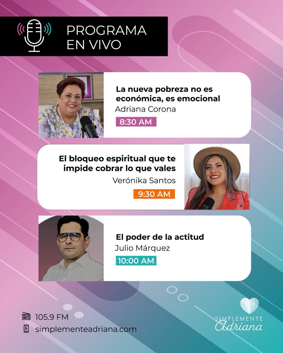 adrianacoronag's tweet photo. 🎙️ Abrimos los micrófonos para recibir un nuevo día y me encantará que lo vivamos juntos. Bienvenido a una nueva emisión de #SimplementeAdriana. 🩷
Escucha aquí:
📱Por Internet: https://t.co/rThgp2T6BT
📻 Radio en Guadalajara: 105.9 FM https://t.co/Qh8fNjm35t
