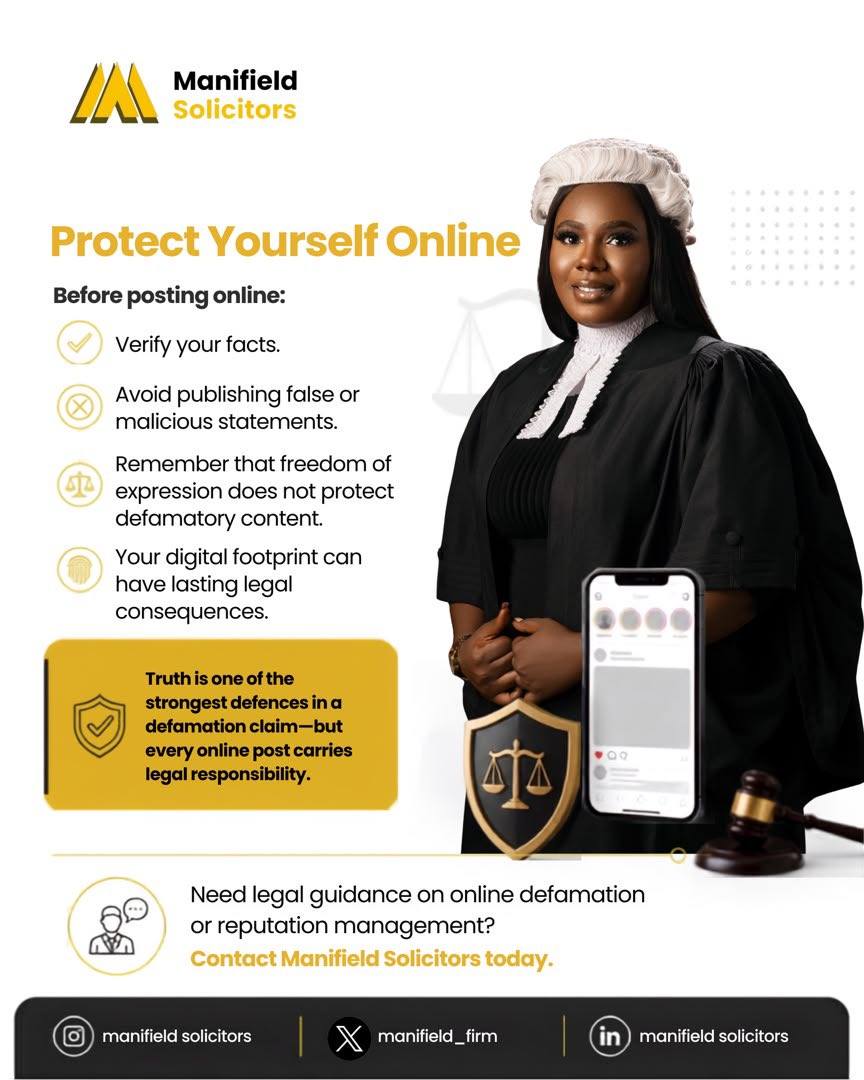 Manifield_Firm's tweet photo. A viral post can disappear from your timeline, but not from the law.
Think. Verify. Post responsibly.
#KnowTheLaw #OnlineDefamation #ManifieldSolicitors https://t.co/tVenLn5joT