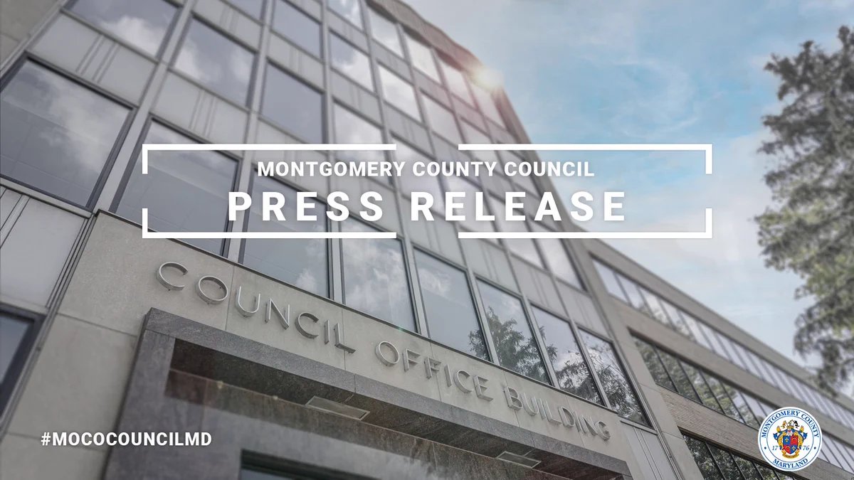 Montgomery County Council Press Release banner centered over a low-angle view of the Council Office Building facade with reflective windows, the county seal at bottom right, and hashtag #MOCOCOUNCILMD.