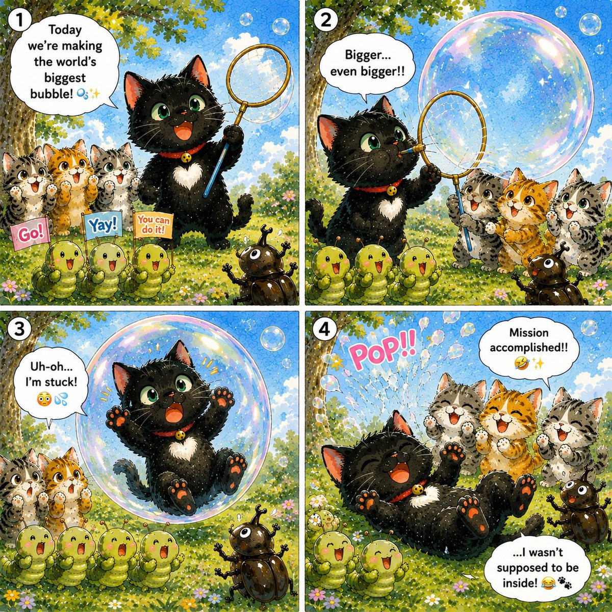 jun_blair_melon's tweet photo. Good Meowning~ 🐈‍⬛ 🐾 ✨ It started with peaceful bubbles... 🫧 Then the water blasters came out! 💦 Summer play just got serious! 🤣

#KuroTheCat #CatComic #FourPanelComic #WaterPlay #SummerFun https://t.co/O6PNAu9DMx