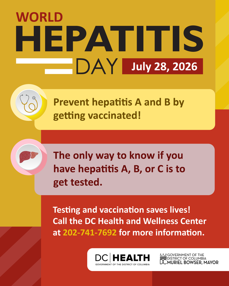 _DCHealth's tweet photo. It's World Hepatitis Day. Let's raise awareness about viral hepatitis and the importance of prevention, testing, and treatment. Early detection can save lives. Talk to your healthcare provider about hepatitis screening and vaccination if you're eligible. https://t.co/8Dbel8bIxj